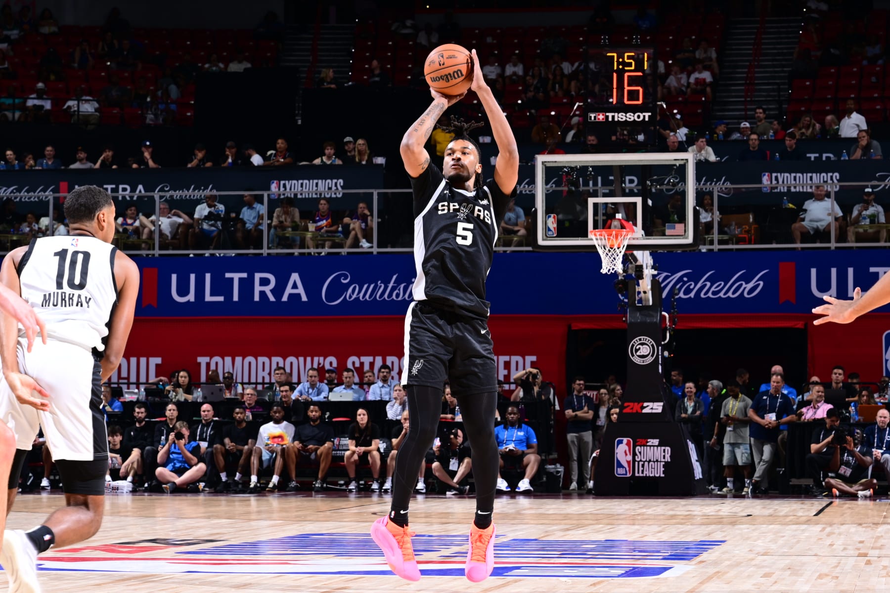 LAS VEGAS, NV - JULY 13: Stephon Castle #5 of the San Antonio Spurs shoots the ball during the game against the Portland Trail Blazers on July 13, 2024 at the Thomas & Mack Center in Las Vegas, Nevada. NOTE TO USER: User expressly acknowledges and agrees that, by downloading and or using this photograph, User is consenting to the terms and conditions of the Getty Images License Agreement. Mandatory Copyright Notice: Copyright 2024 NBAE (Photo by Adam Hagy/NBAE via Getty Images) LAS VEGAS, NV - JULY 13: Stephon Castle #5 of the San Antonio Spurs shoots the ball during the game against the Portland Trail Blazers on July 13, 2024 at the Thomas & Mack Center in Las Vegas, Nevada. NOTE TO USER: User expressly acknowledges and agrees that, by downloading and or using this photograph, User is consenting to the terms and conditions of the Getty Images License Agreement. Mandatory Copyright Notice: Copyright 2024 NBAE (Photo by Adam Hagy/NBAE via Getty Images)