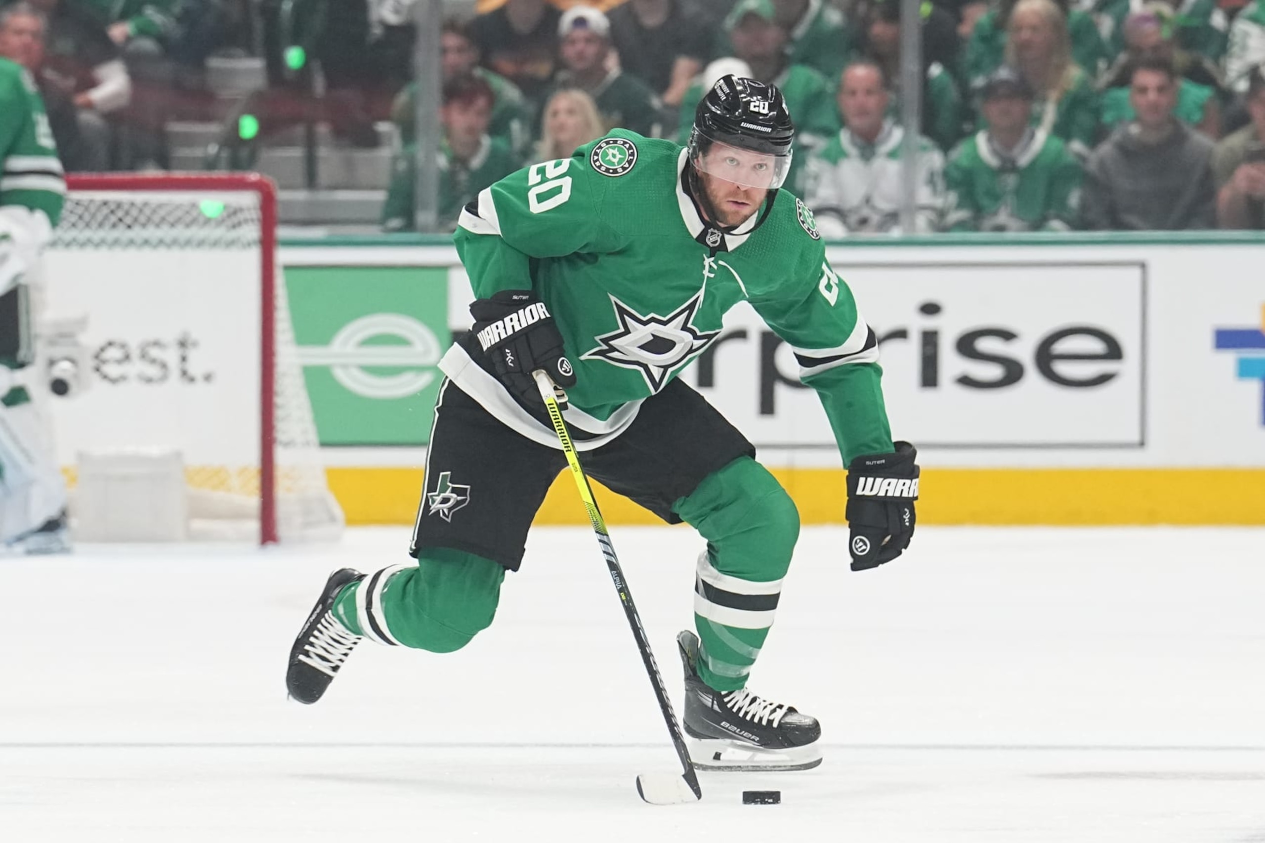 DALLAS, TX - MAY 23: Ryan Suter #20 of the Dallas Stars handles the puck against the Edmonton Oilers at the American Airlines Center on May 23, 2024 in Dallas, Texas. (Photo by Glenn James/NHLI via Getty Images)