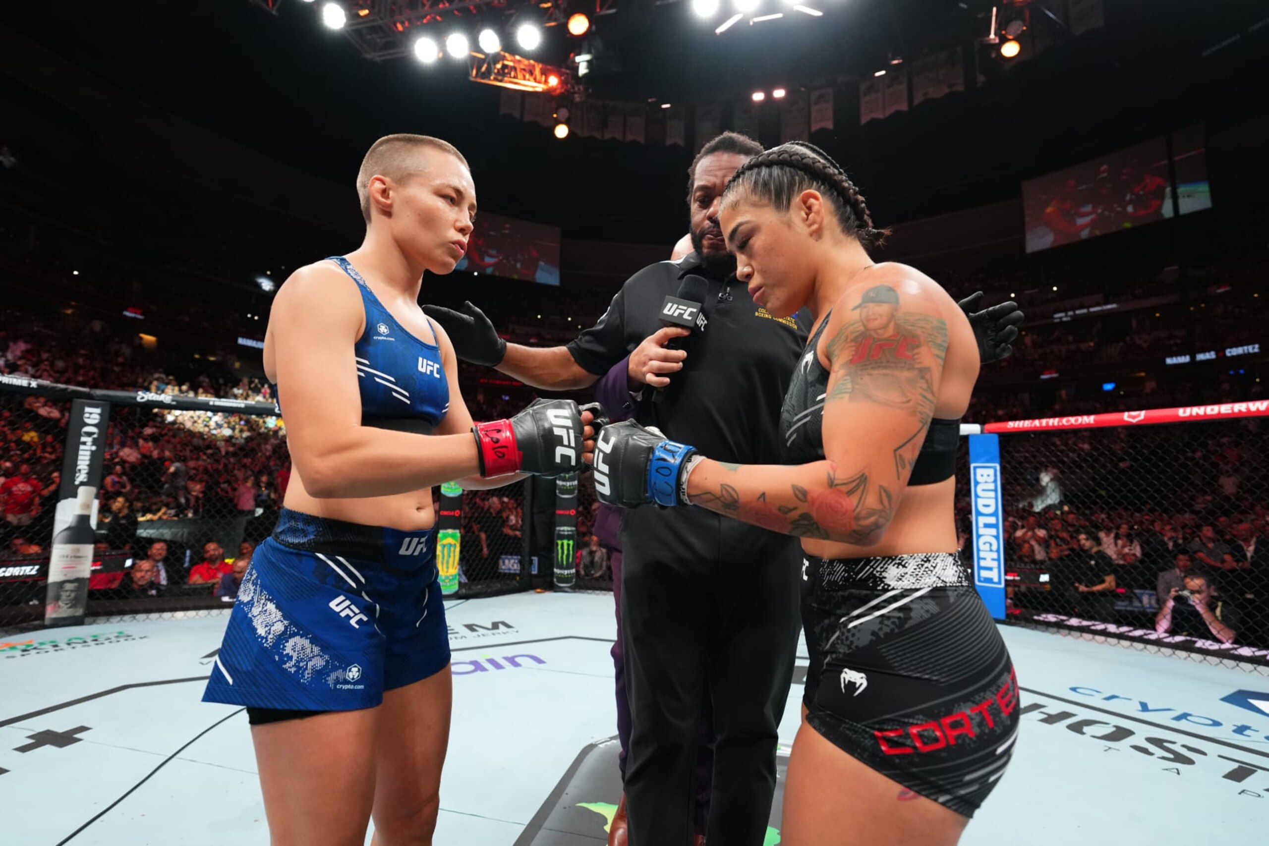 Rose Namajunas and Tracy Cortez touch gloves before their fight Rose Namajunas and Tracy Cortez touch gloves before their fight