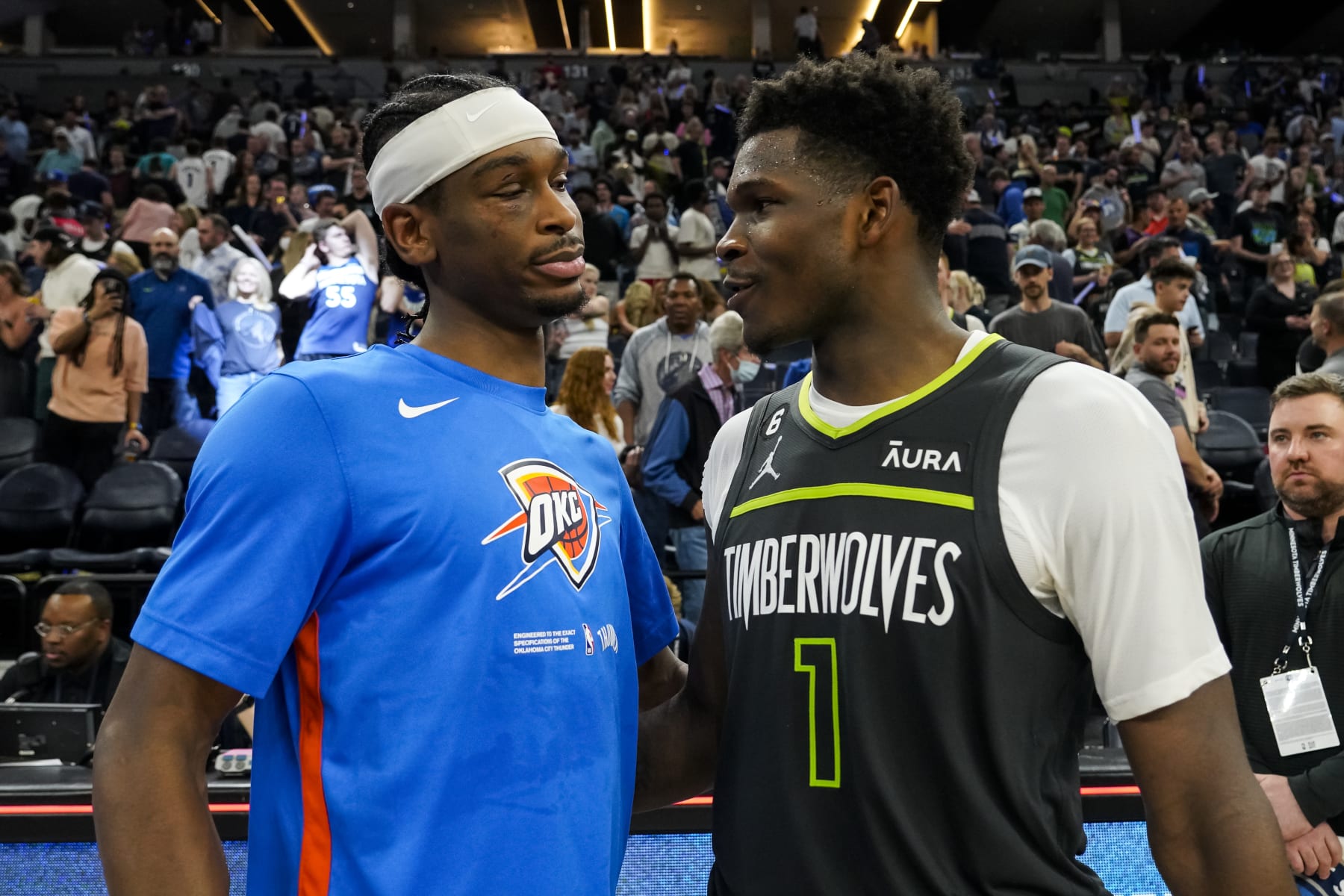 MINNEAPOLIS, MN - APRIL 14: Shai Gilgeous-Alexander #2 of the Oklahoma City Thunder and Anthony Edwards #1 of the Minnesota Timberwolves interact after the NBA Play-In game at Target Center on April 14, 2023 in Minneapolis, Minnesota. The Timberwolves defeated the Thunder 120-95 to advance to the NBA Playoffs as the #8 seed. NOTE TO USER: User expressly acknowledges and agrees that, by downloading and or using this Photograph, user is consenting to the terms and conditions of the Getty Images License Agreement. (Photo by David Berding/Getty Images)
