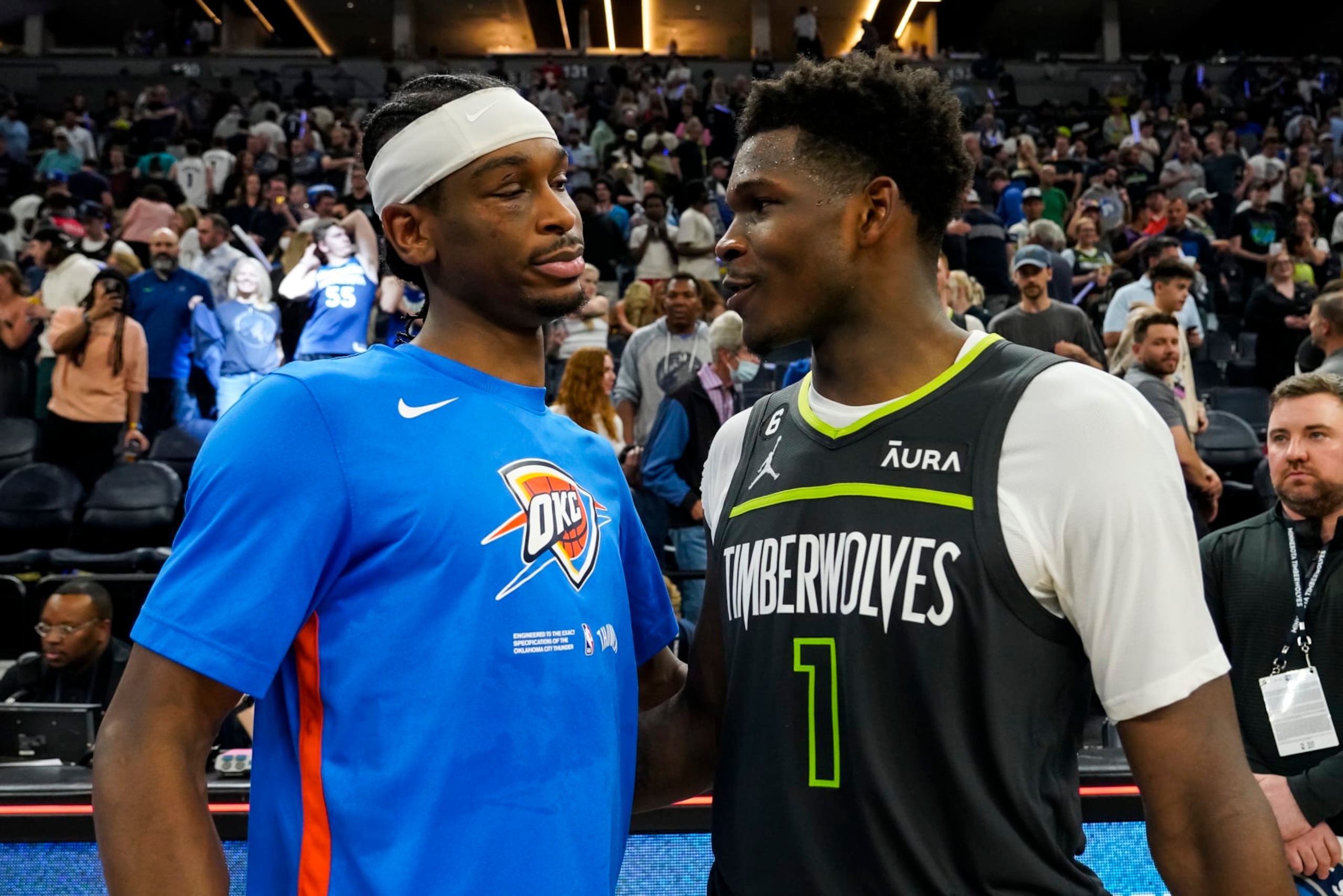 MINNEAPOLIS, MN - APRIL 14: Shai Gilgeous-Alexander #2 of the Oklahoma City Thunder and Anthony Edwards #1 of the Minnesota Timberwolves interact after the NBA Play-In game at Target Center on April 14, 2023 in Minneapolis, Minnesota. The Timberwolves defeated the Thunder 120-95 to advance to the NBA Playoffs as the #8 seed. NOTE TO USER: User expressly acknowledges and agrees that, by downloading and or using this Photograph, user is consenting to the terms and conditions of the Getty Images License Agreement. (Photo by David Berding/Getty Images)