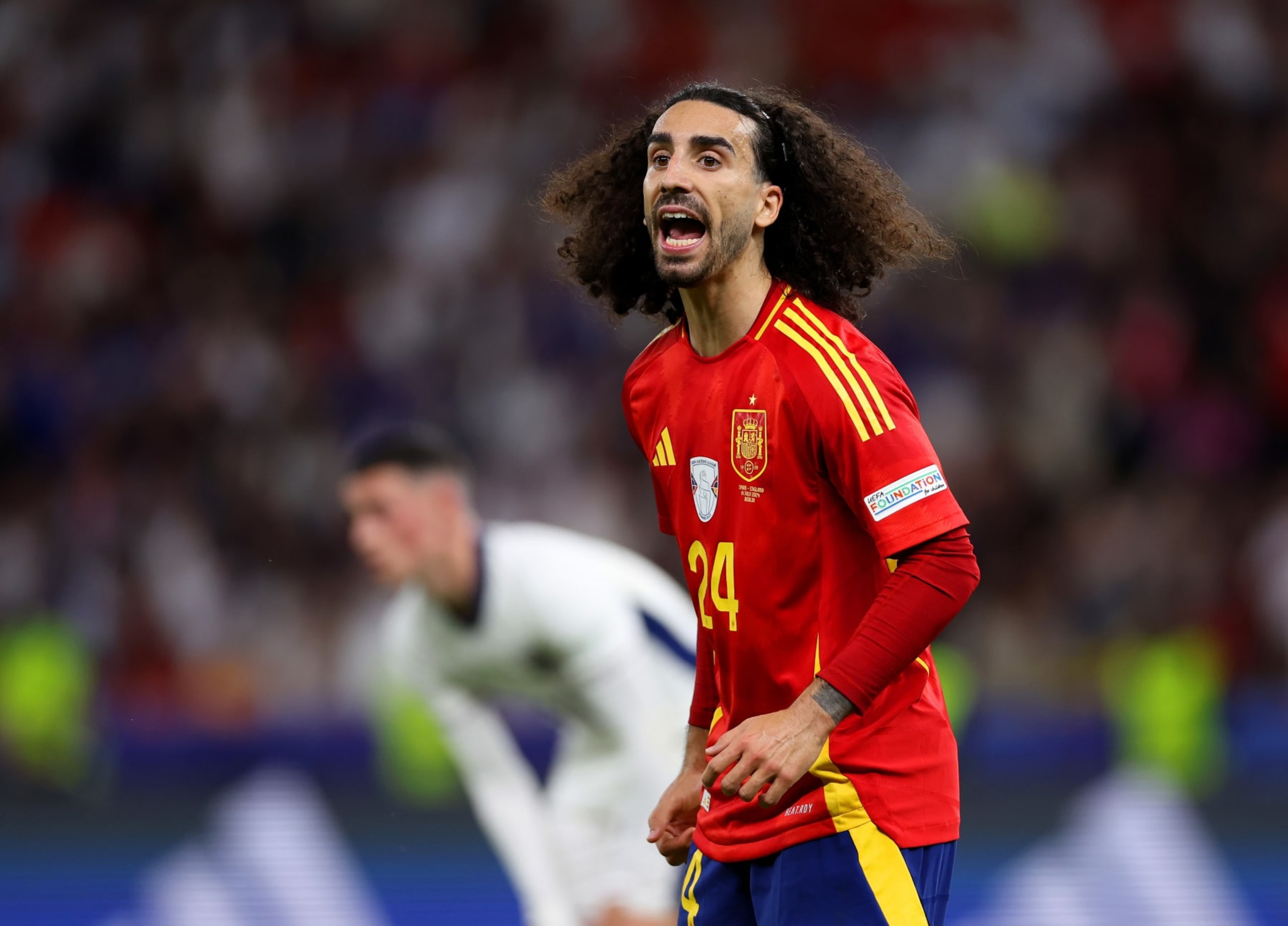 BERLIN, GERMANY - JULY 14: Marc Cucurella of Spain reacts during the UEFA EURO 2024 final match between Spain and England at Olympiastadion on July 14, 2024 in Berlin, Germany. (Photo by Alex Pantling - UEFA/UEFA via Getty Images)