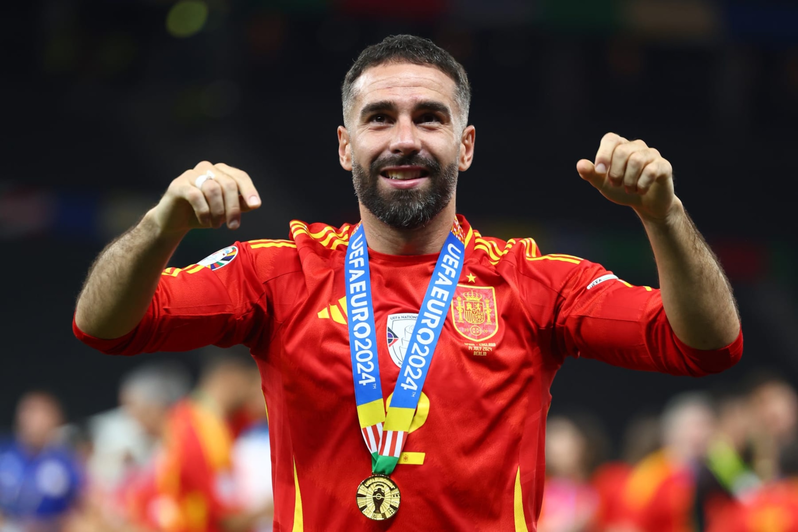BERLIN, GERMANY - JULY 14:  Daniel Carvajal of Spain celebrates at the end of the UEFA EURO 2024 final match between Spain and England at Olympiastadion on July 14, 2024 in Berlin, Germany. (Photo by Chris Brunskill/Fantasista/Getty Images)