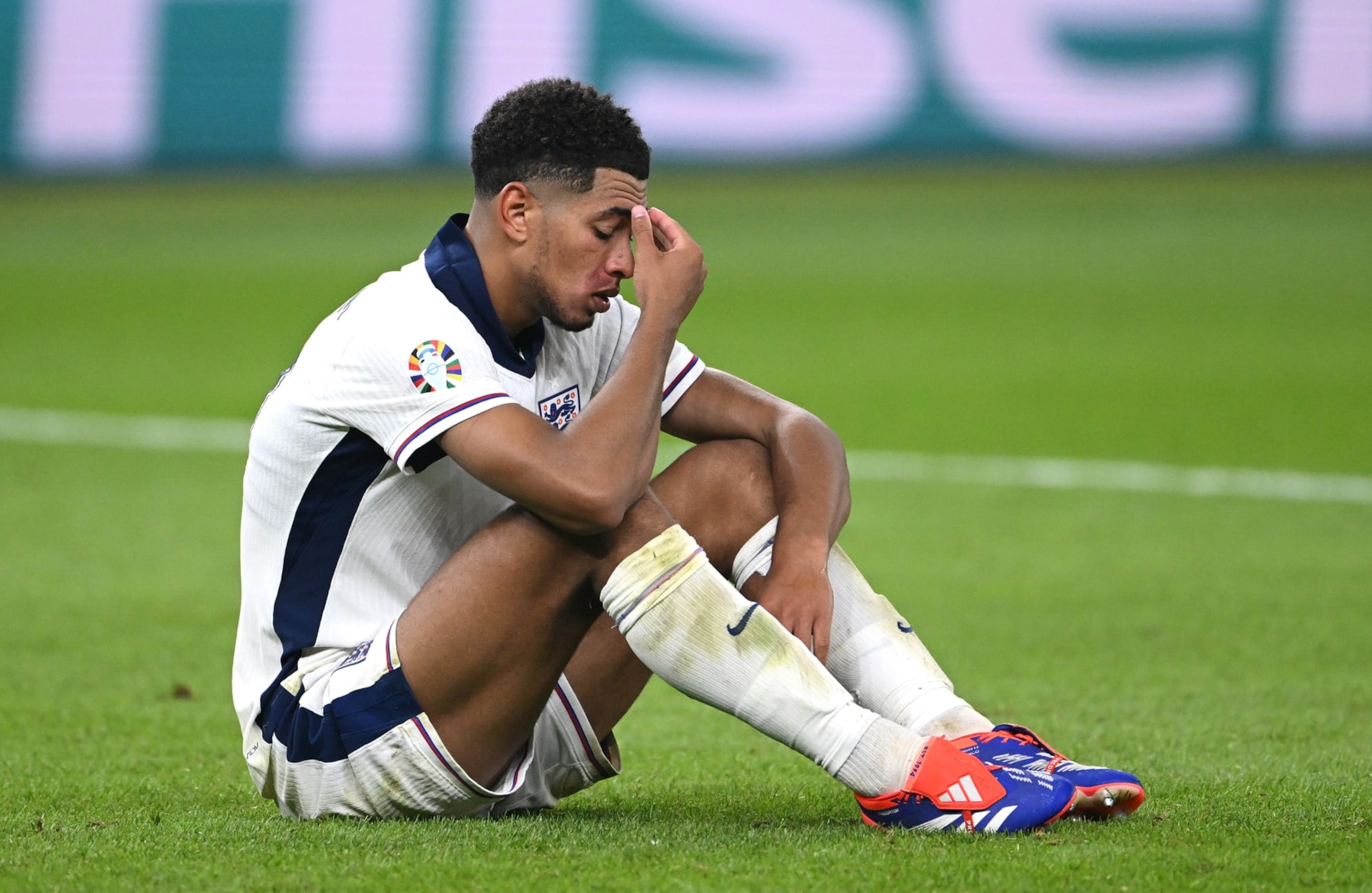 BERLIN, GERMANY - JULY 14: England player Jude Bellingham  reacts after England had lost 2-1 to Spain during the UEFA EURO 2024 final match between Spain and England at Olympiastadion on July 14, 2024 in Berlin, Germany. (Photo by Stu Forster/Getty Images)