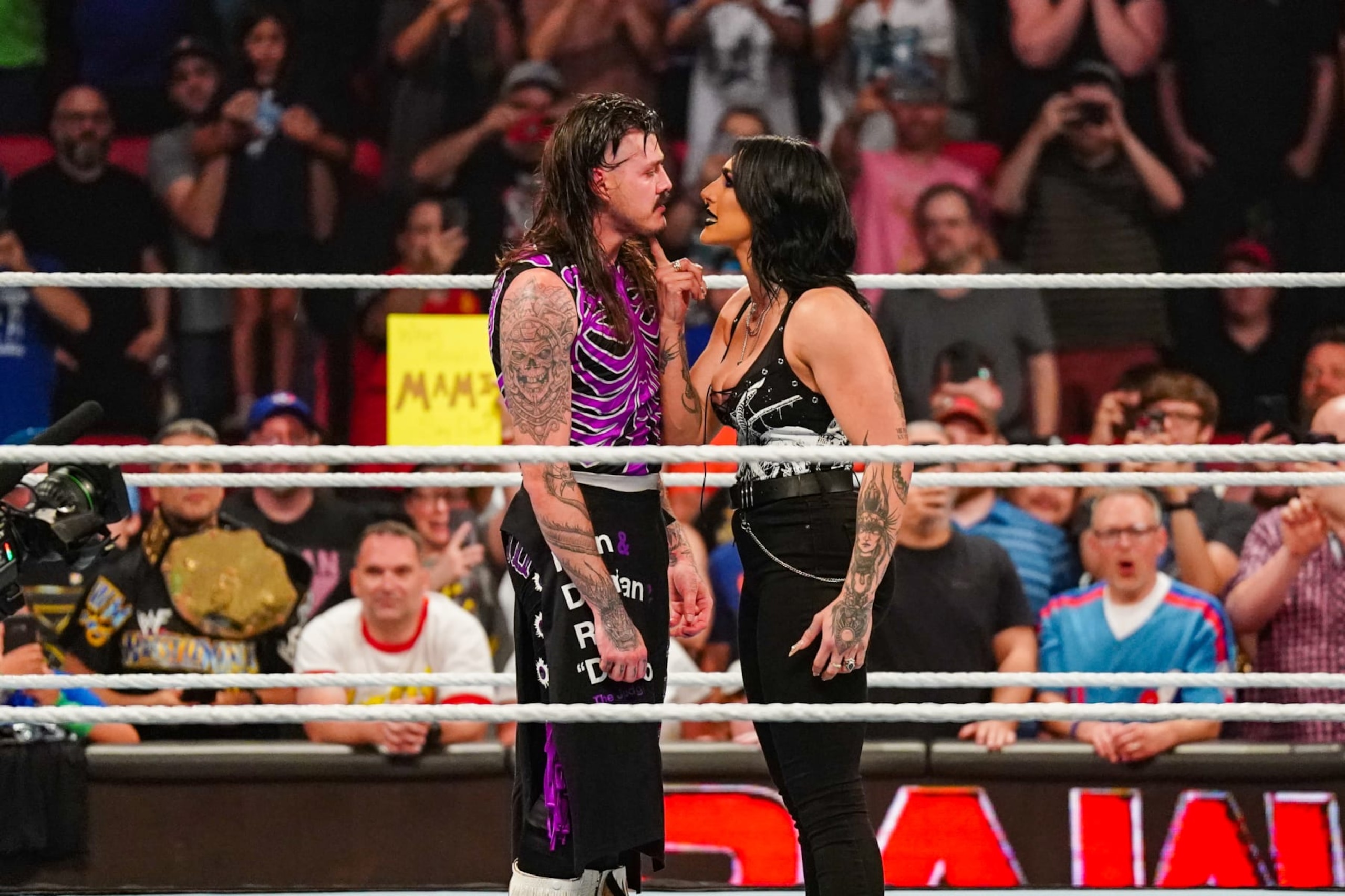 OTTAWA, CANADA - JULY 8: Rhea Ripley has returned and confronts Dominik Mysterio during Monday Night RAW at Canadian Tire Centre on July 8, 2024 in Ottawa, Ontario.  (Photo by WWE/Getty Images)