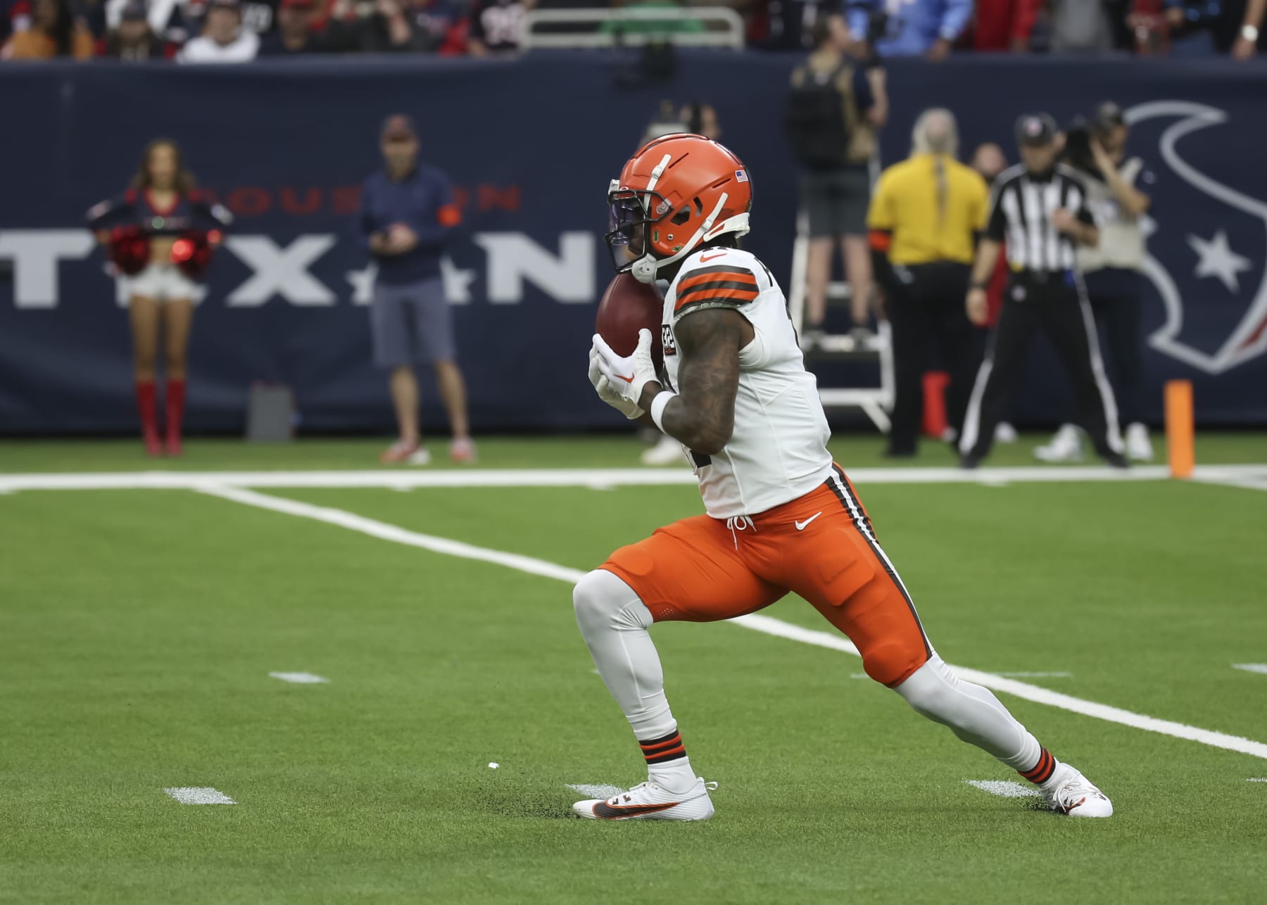 HOUSTON, TX - JANUARY 13:  Cleveland Browns wide receiver James Proche II (11) returns the punt in the first quarter during the AFC Wild Card game between the Cleveland Browns and Houston Texans on January 13, 2024 at NRG Stadium in Houston, Texas.  (Photo by Leslie Plaza Johnson/Icon Sportswire via Getty Images)