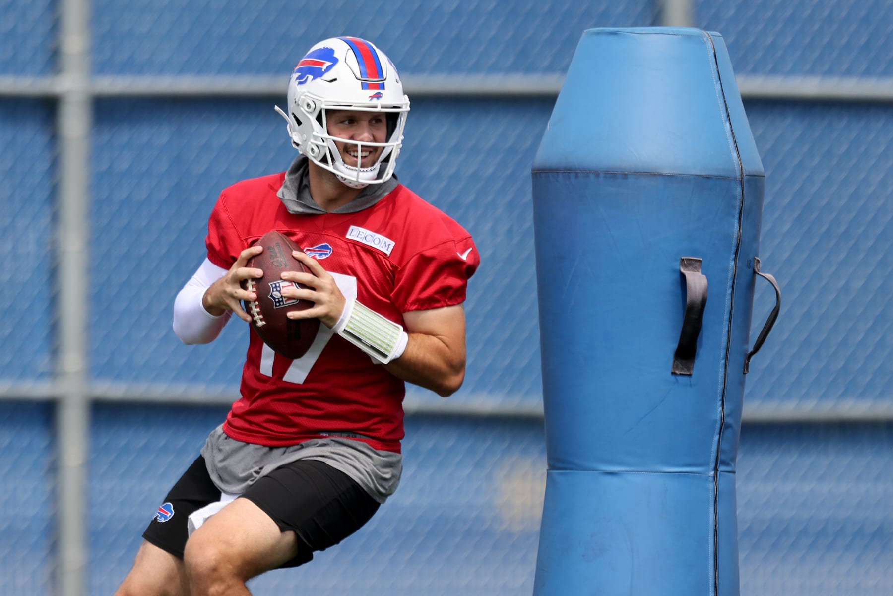 ORCHARD PARK, NEW YORK - JUNE 13: Josh Allen #17 of the Buffalo Bills participates during Buffalo Bills mandatory mini camp on June 13, 2024 in Orchard Park, New York. (Photo by Bryan Bennett/Getty Images)