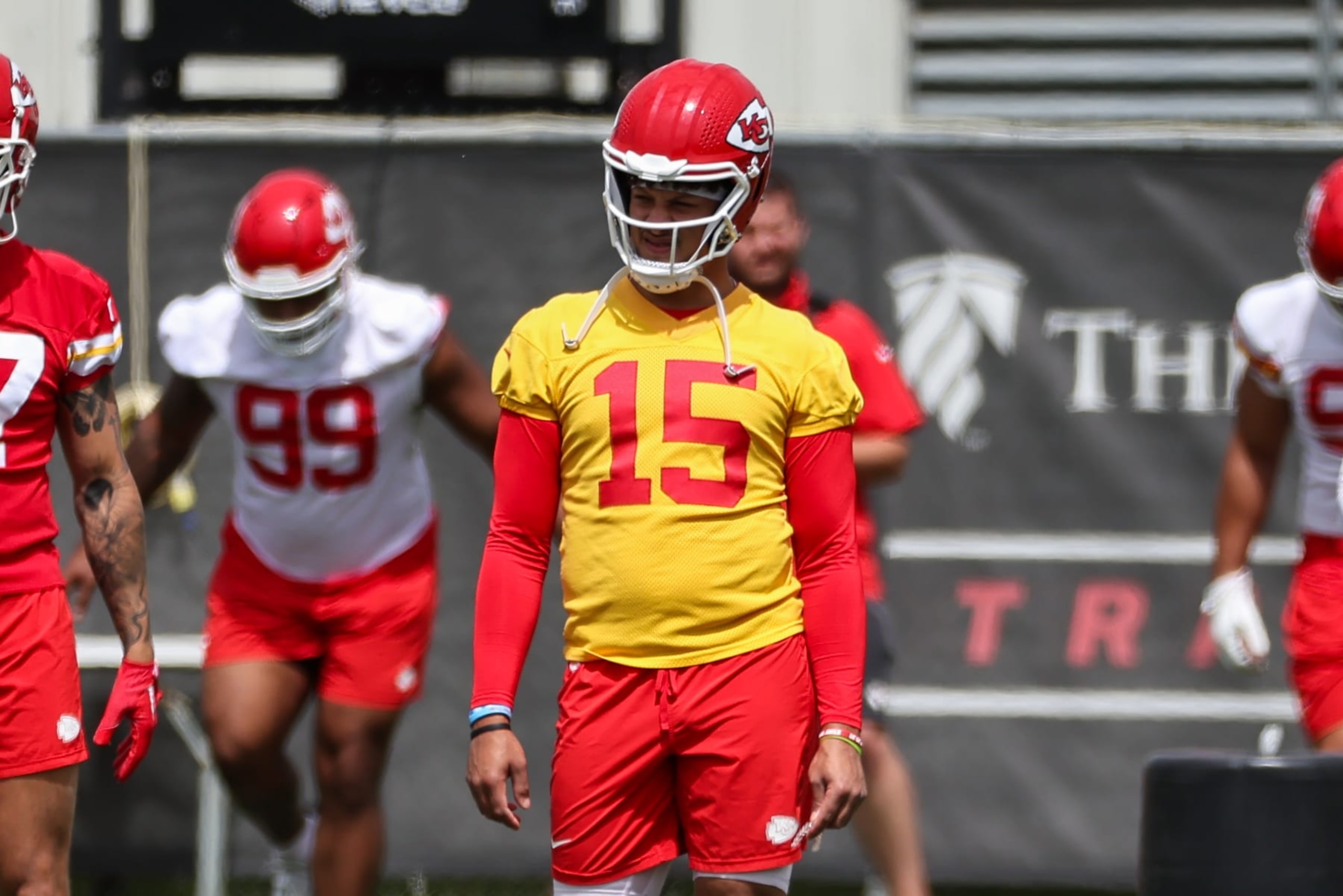 KANSAS CITY, MO - MAY 22: Kansas City Chiefs quarterback Patrick Mahomes (15) during OTA's on May 22, 2024 at the Chiefs Training Facility in Kansas City, MO. (Photo by Scott Winters/Icon Sportswire via Getty Images)