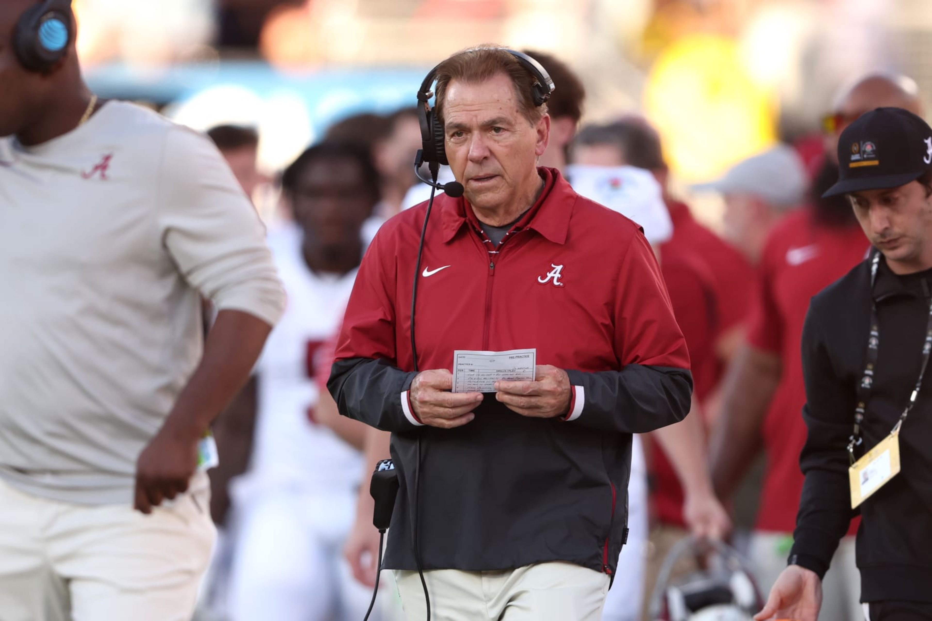 PASADENA, CALIFORNIA - JANUARY 01: Head coach Nick Saban of the Alabama Crimson Tide looks on in the second quarter against the Michigan Wolverines during the CFP Semifinal Rose Bowl Game at Rose Bowl Stadium on January 01, 2024 in Pasadena, California. (Photo by Sean M. Haffey/Getty Images) PASADENA, CALIFORNIA - JANUARY 01: Head coach Nick Saban of the Alabama Crimson Tide looks on in the second quarter against the Michigan Wolverines during the CFP Semifinal Rose Bowl Game at Rose Bowl Stadium on January 01, 2024 in Pasadena, California. (Photo by Sean M. Haffey/Getty Images)