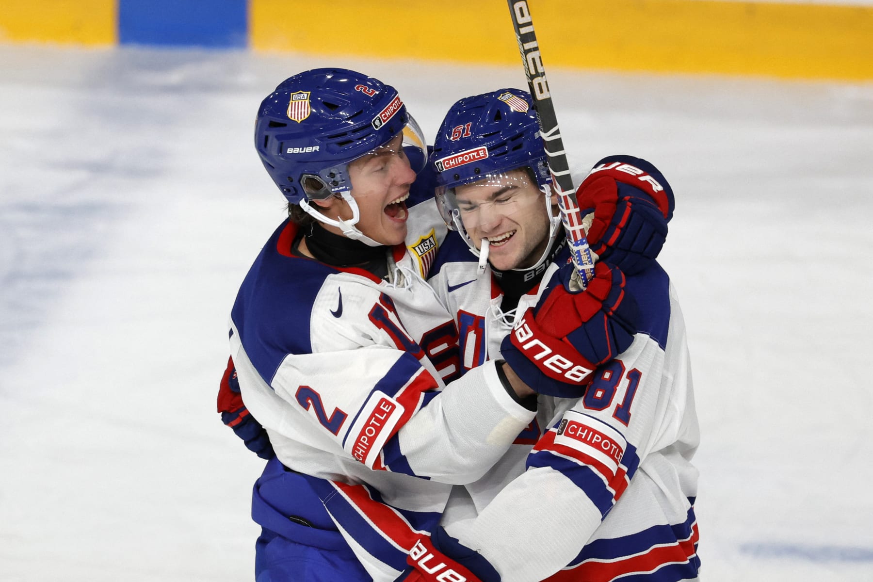 USA's forward Rutger McGroarty celebrates with USA's forward Jimmy Snuggerud after he scored 1-4 goal during the Group B ice hockey match between Switzerland and USA of the IIHF World Junior Championship in Gothenburg, Sweden, on December 28, 2023. (Photo by Adam IHSE / TT NEWS AGENCY / AFP) / Sweden OUT (Photo by ADAM IHSE/TT NEWS AGENCY/AFP via Getty Images)