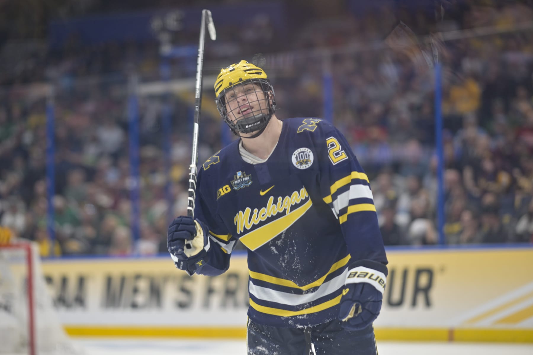 TAMPA, FL - APRIL 06, 2023: Michigan forward Rutger McGroarty (2) skates to the bench after drawing a penalty during the NCAA Division I Men's Ice Hockey Frozen Four game between the Quinnipiac Bobcats and the Michigan Wolverines on April 06, 2023, at Amalie Arena in Tampa, FL. (Photo by Roy K. Miller/Icon Sportswire via Getty Images)