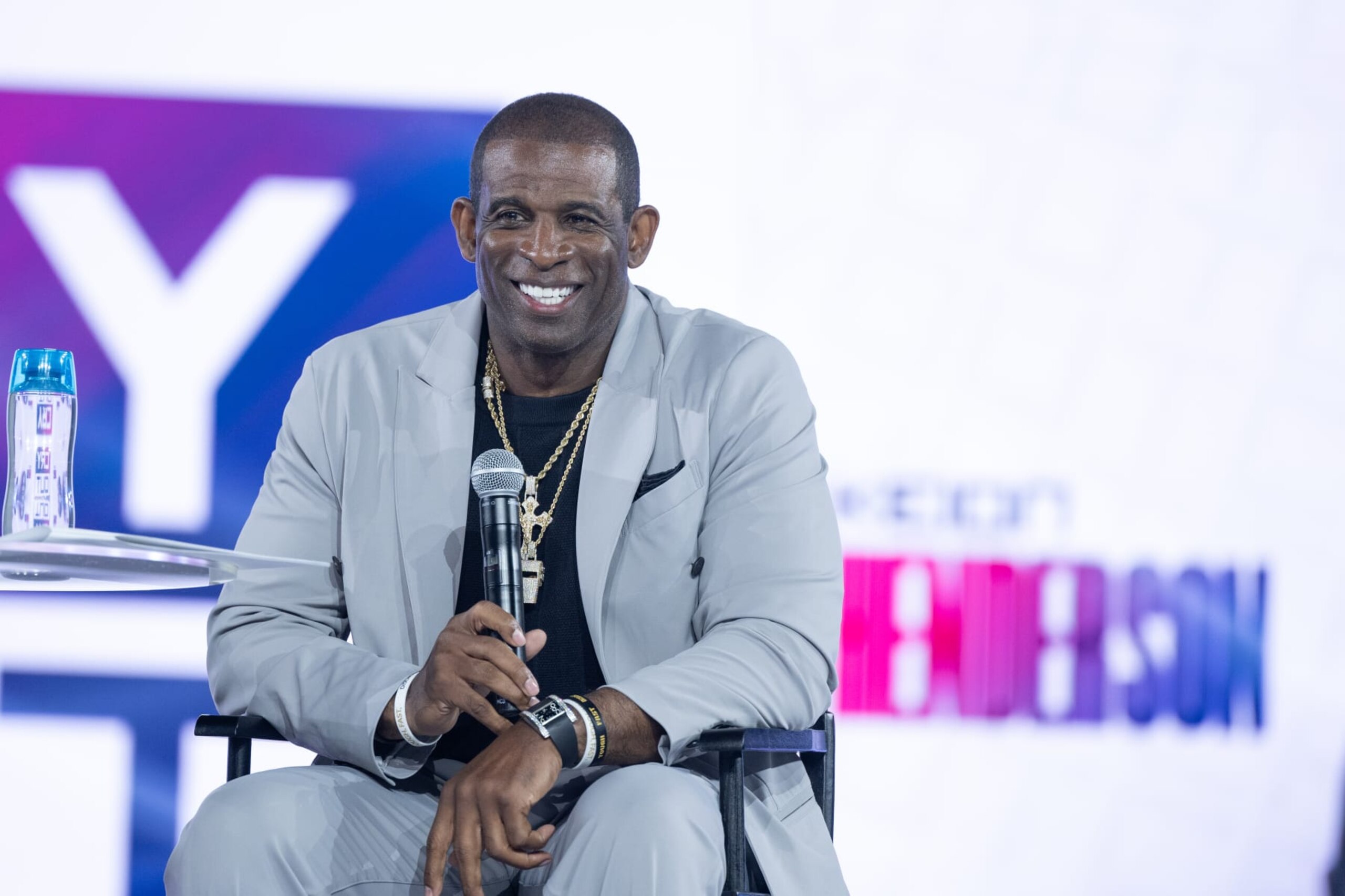 HOUSTON, TEXAS - JUNE 21: Deion Sanders speaks on stage during day 1of the Cry Out 2024 at George R. Brown Convention Center on June 21, 2024 in Houston, Texas. (Photo by Marcus Ingram/Getty Images)