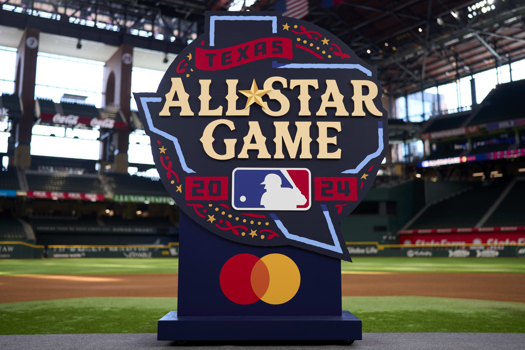 ARLINGTON, TX - JULY 20:  A detail shot of the 2024 Major League Baseball All-Star Game logo on Globe Life Field during the 2024 MLB All-Star Logo Unveiling at Globe Life Field on Thursday, July 20, 2023 in Arlington, Texas. (Photo by Cooper Neill/MLB Photos via Getty Images)