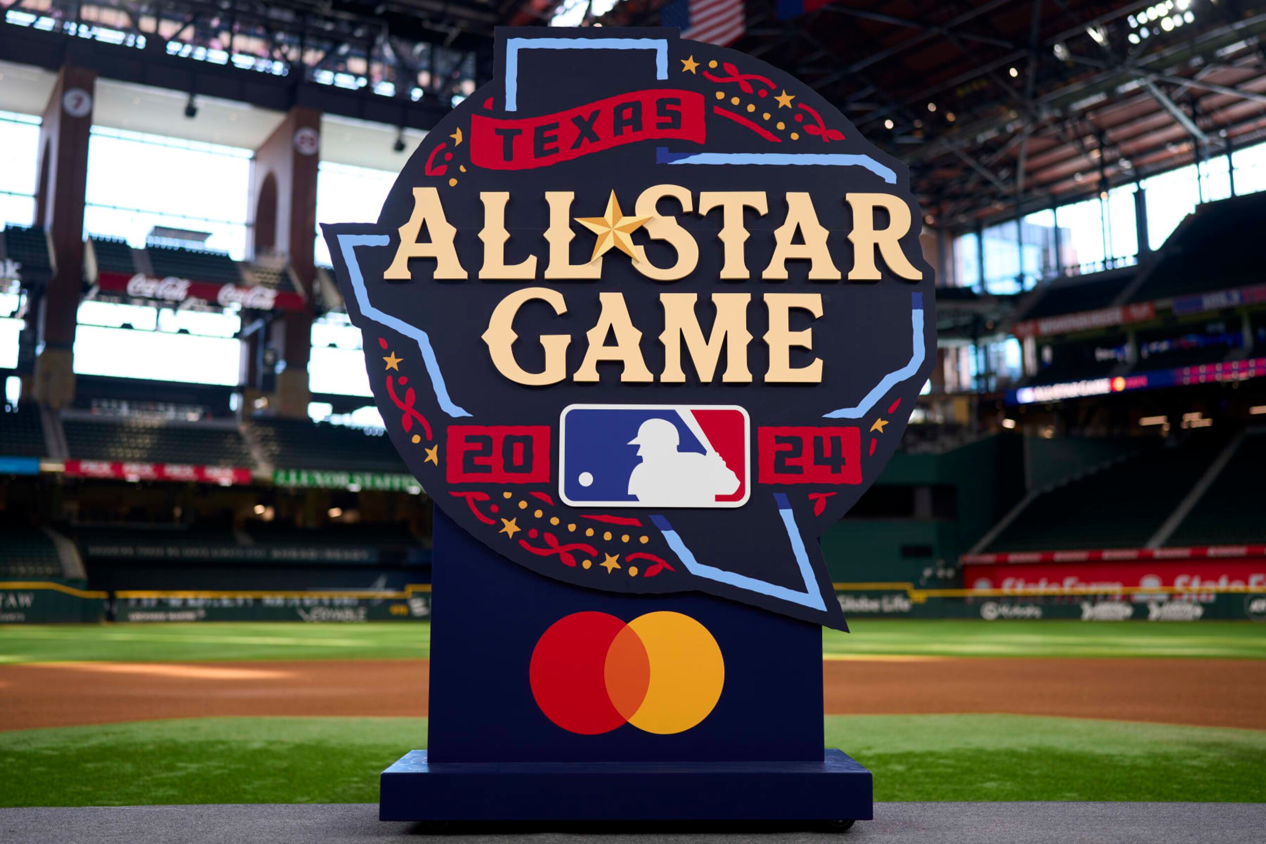 ARLINGTON, TX - JULY 20:  A detail shot of the 2024 Major League Baseball All-Star Game logo on Globe Life Field during the 2024 MLB All-Star Logo Unveiling at Globe Life Field on Thursday, July 20, 2023 in Arlington, Texas. (Photo by Cooper Neill/MLB Photos via Getty Images)