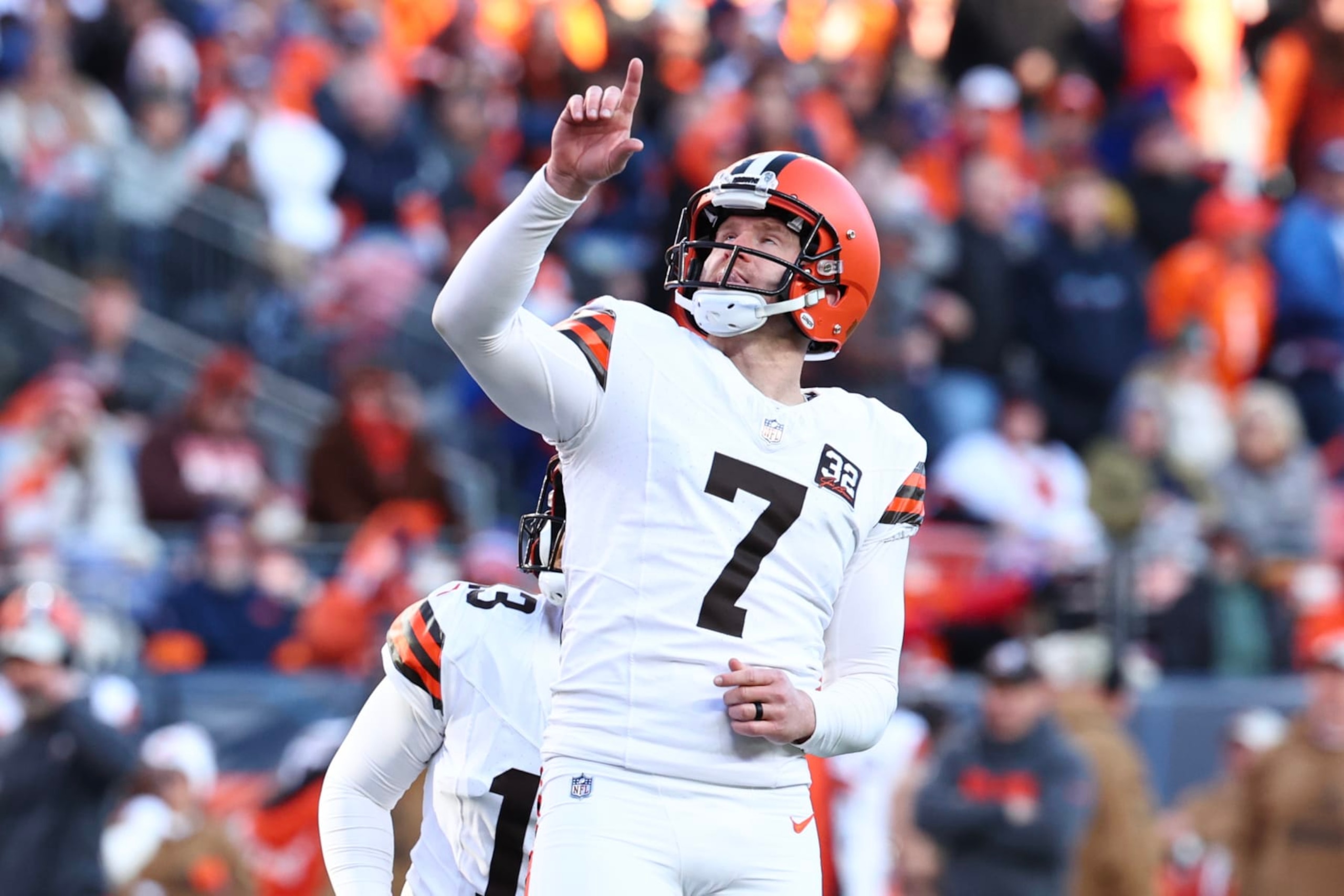 DENVER, COLORADO - NOVEMBER 26: Dustin Hopkins #7 of the Cleveland Browns kicks a field goal in the first half of the game against the Denver Broncos at Empower Field At Mile High on November 26, 2023 in Denver, Colorado. (Photo by Jamie Schwaberow/Getty Images)