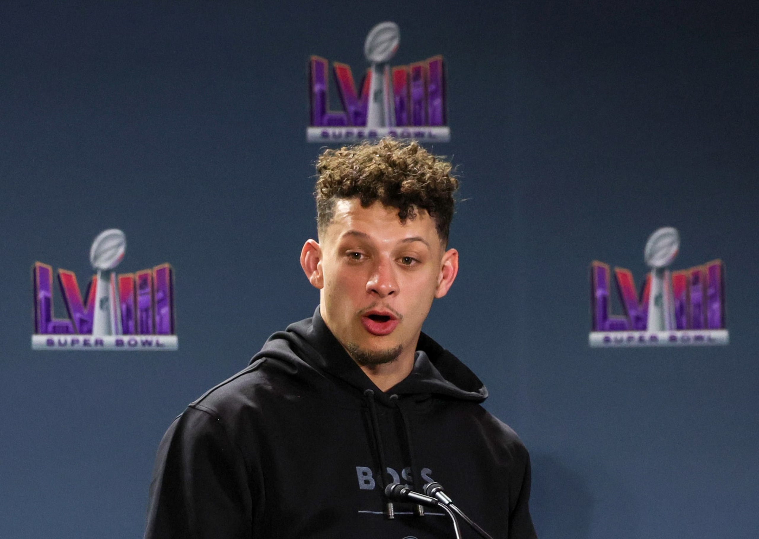 LAS VEGAS, NEVADA - FEBRUARY 12: Quarterback Patrick Mahomes #15 of the Kansas City Chiefs answers questions during a news conference for the winning head coach and MVP of Super Bowl LVIII at the Mandalay Bay Convention Center on February 12, 2024 in Las Vegas, Nevada. (Photo by Ethan Miller/Getty Images)