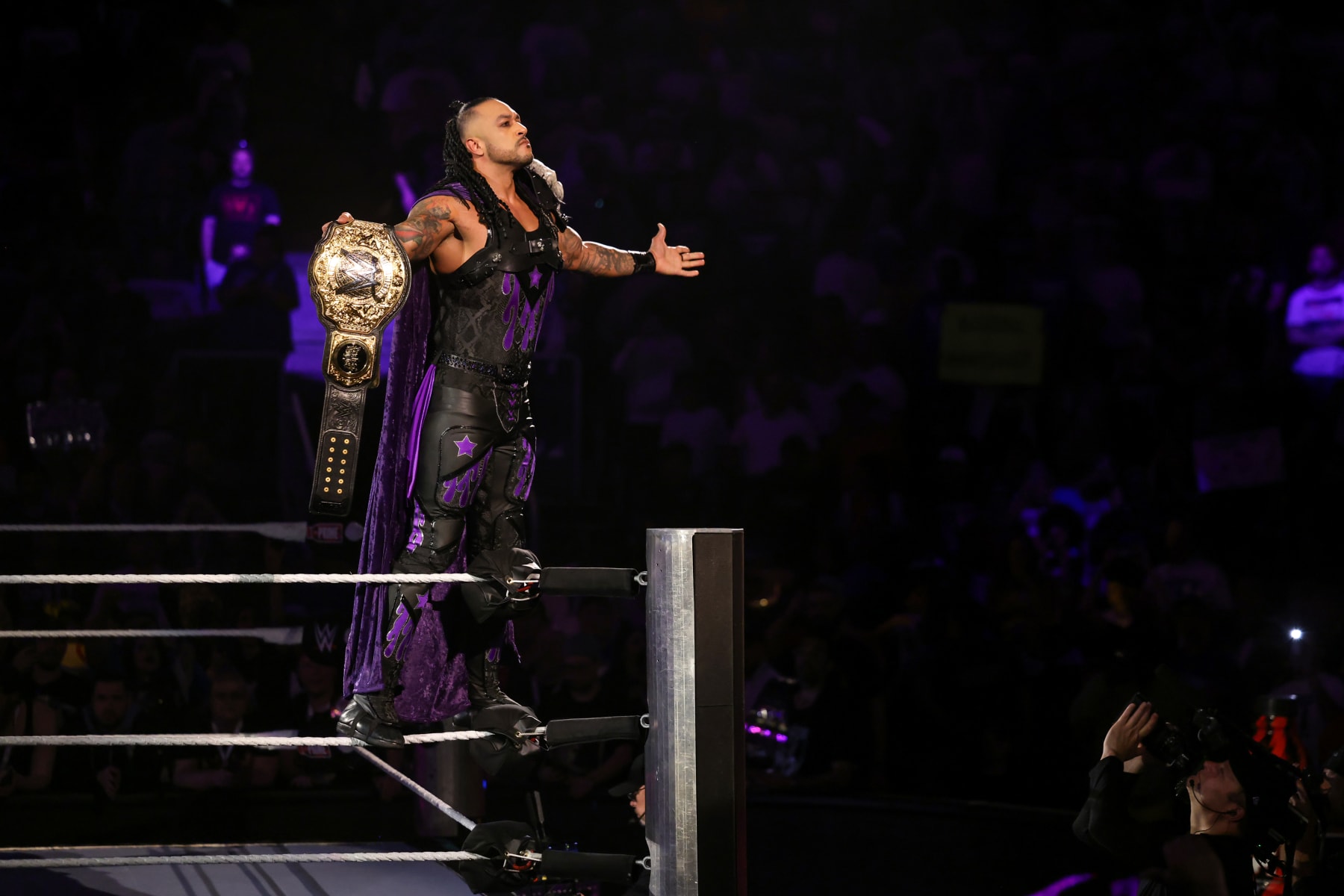 TORONTO, CANADA - JULY 6: Damian Priest enters the ring during Money in the Bank at Scotiabank Arena on July 6, 2024 in Toronto, Ontario.  (Photo by WWE/Getty Images)