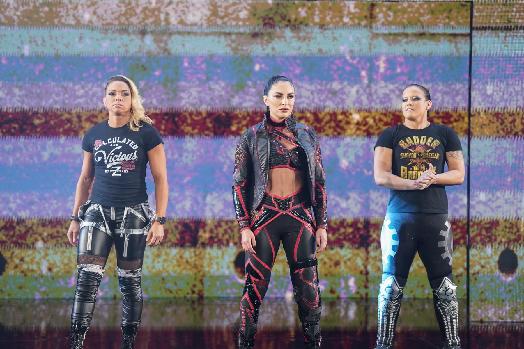 DAYTON, OHIO - JULY 15: Sonya Deville (C) makes her way to the ring with Zoey Stark (l) and Shayna Baszler (r) during Monday Night RAW at WSU Nutter Center on July 15, 2024 in Dayton, Ohio.  (Photo by WWE/Getty Images)