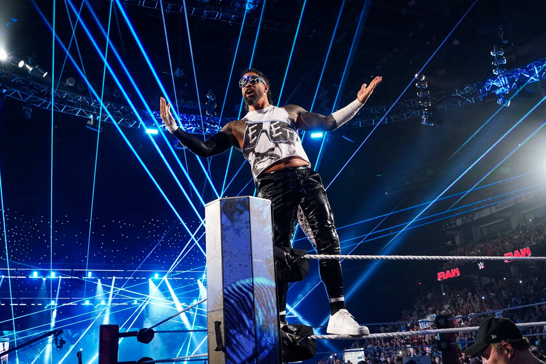 OTTAWA, CANADA - JULY 8: Jey Uso enters the arena during Monday Night RAW at Canadian Tire Centre on July 8, 2024 in Ottawa, Ontario.  (Photo by WWE/Getty Images)