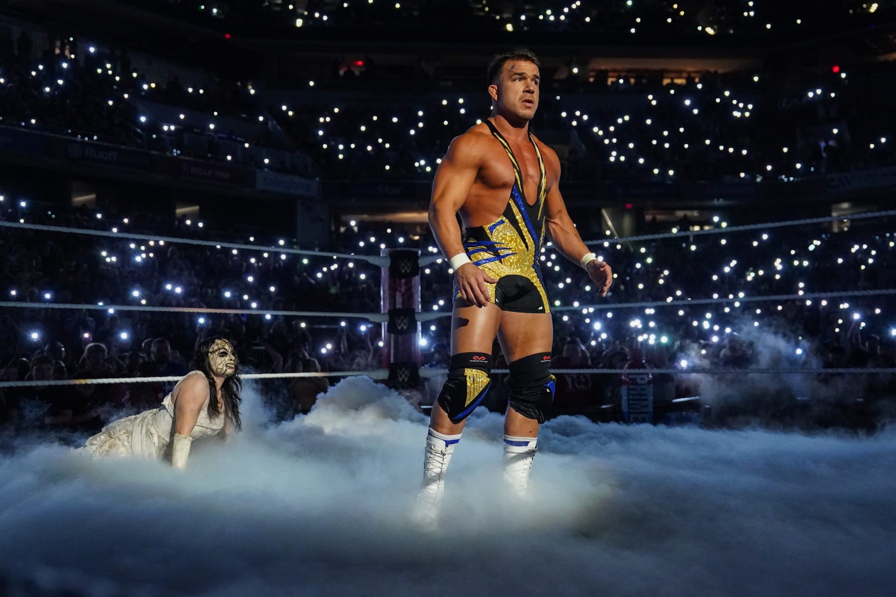 INDIANAPOLIS, INDIANA - JUNE 24: Nikki Cross interrupts Chad Gable during Monday Night RAW at Gainbridge Fieldhouse on June 24, 2024 in Indianapolis, Indiana.  (Photo by WWE/Getty Images)