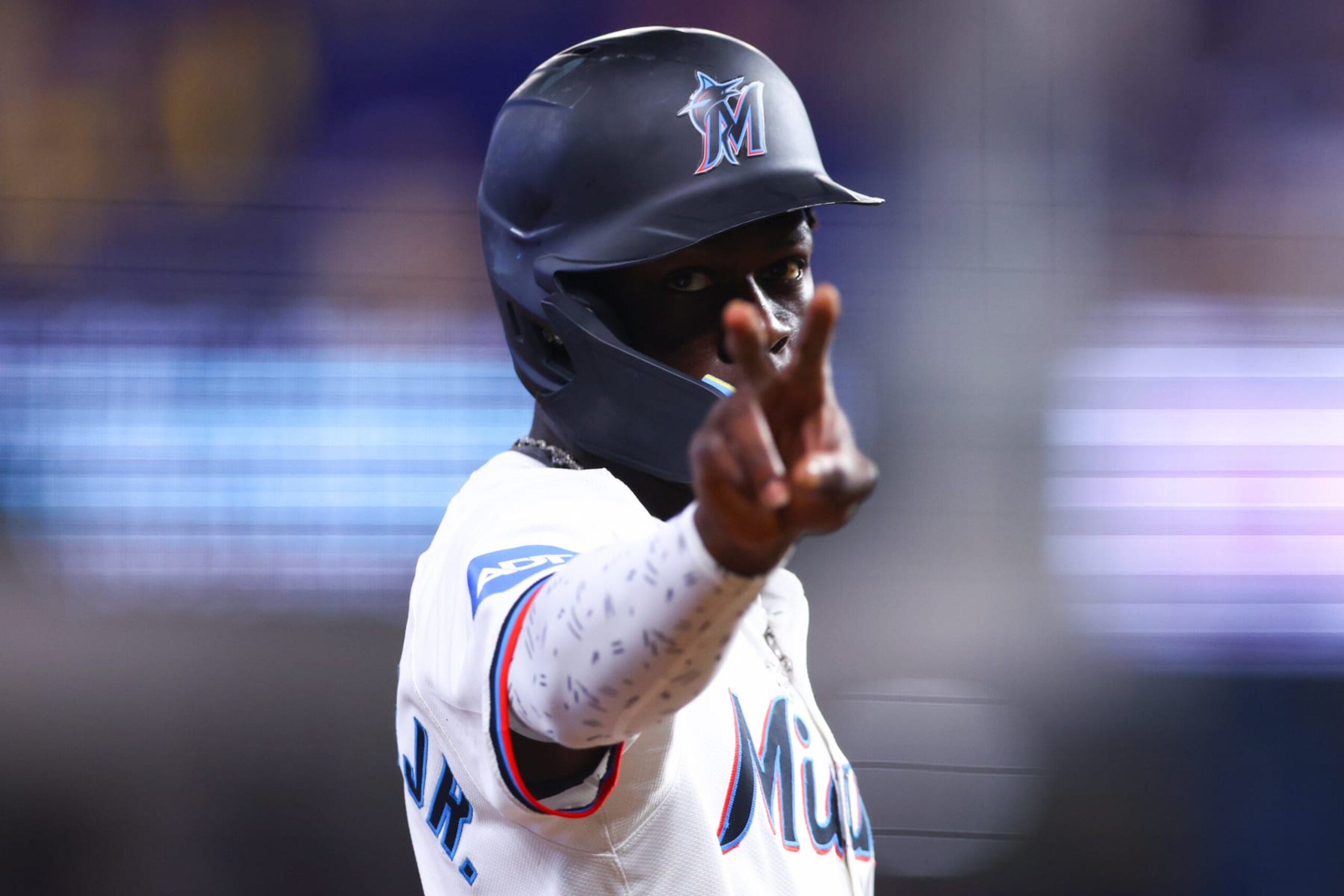 MIAMI, FLORIDA - JULY 03: Jazz Chisholm Jr. #2 of the Miami Marlins reacts during the first inning of the game against the Boston Red Sox at loanDepot park on July 03, 2024 in Miami, Florida. (Photo by Megan Briggs/Getty Images)