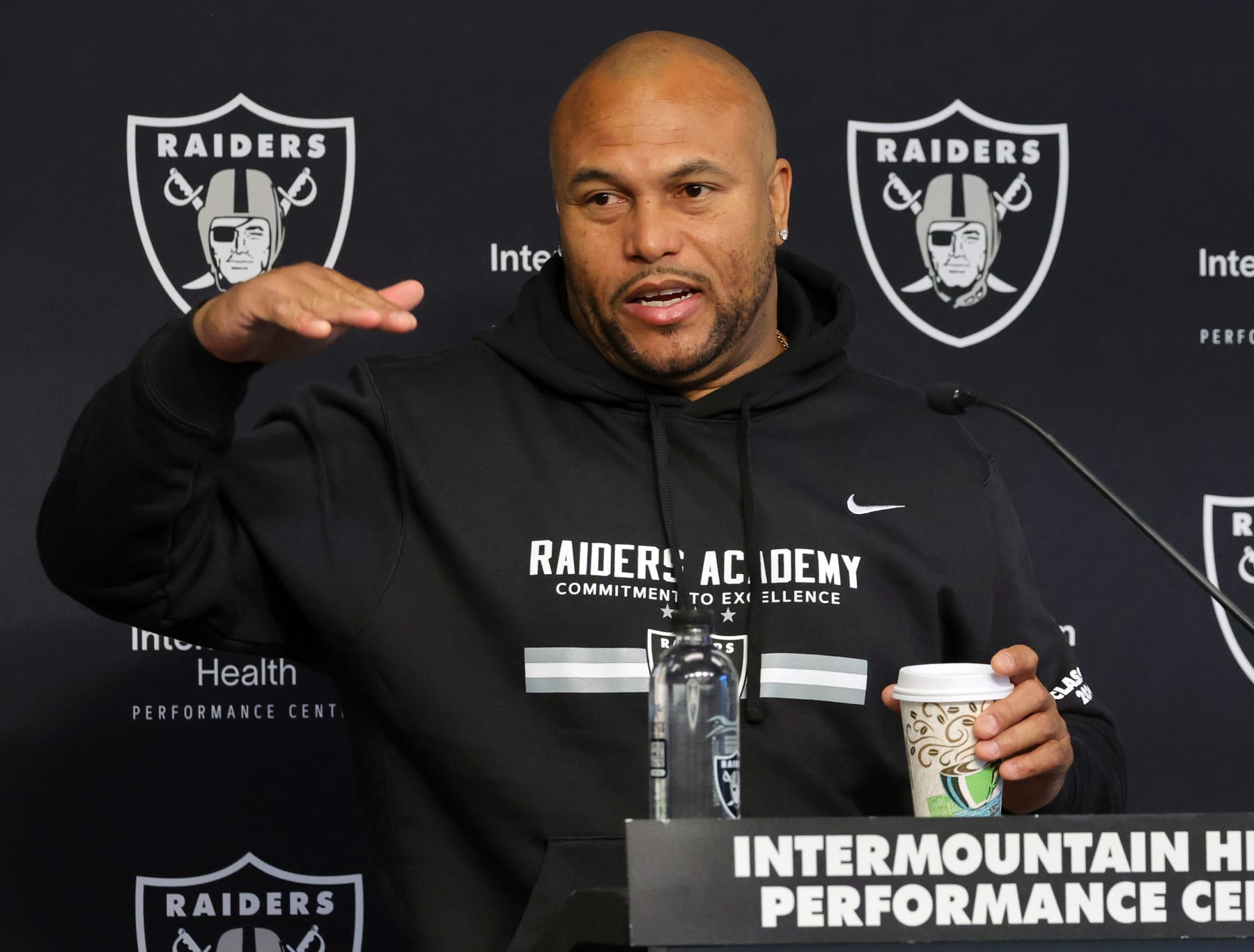 HENDERSON, NEVADA - JUNE 13: Head coach Antonio Pierce of the Las Vegas Raiders attends a news conference during mandatory minicamp at the Las Vegas Raiders Headquarters/Intermountain Healthcare Performance Center on June 13, 2024 in Henderson, Nevada. (Photo by Ethan Miller/Getty Images)