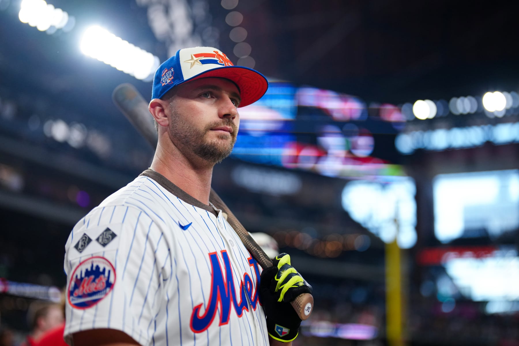 ARLINGTON, TX - JULY 15: Pete Alonso #20 of the New York Mets looks on during the 2024 Gatorade All-Star Workout Day at Globe Life Field on Monday, July 15, 2024 in Arlington, Texas. (Photo by Daniel Shirey/MLB Photos via Getty Images)