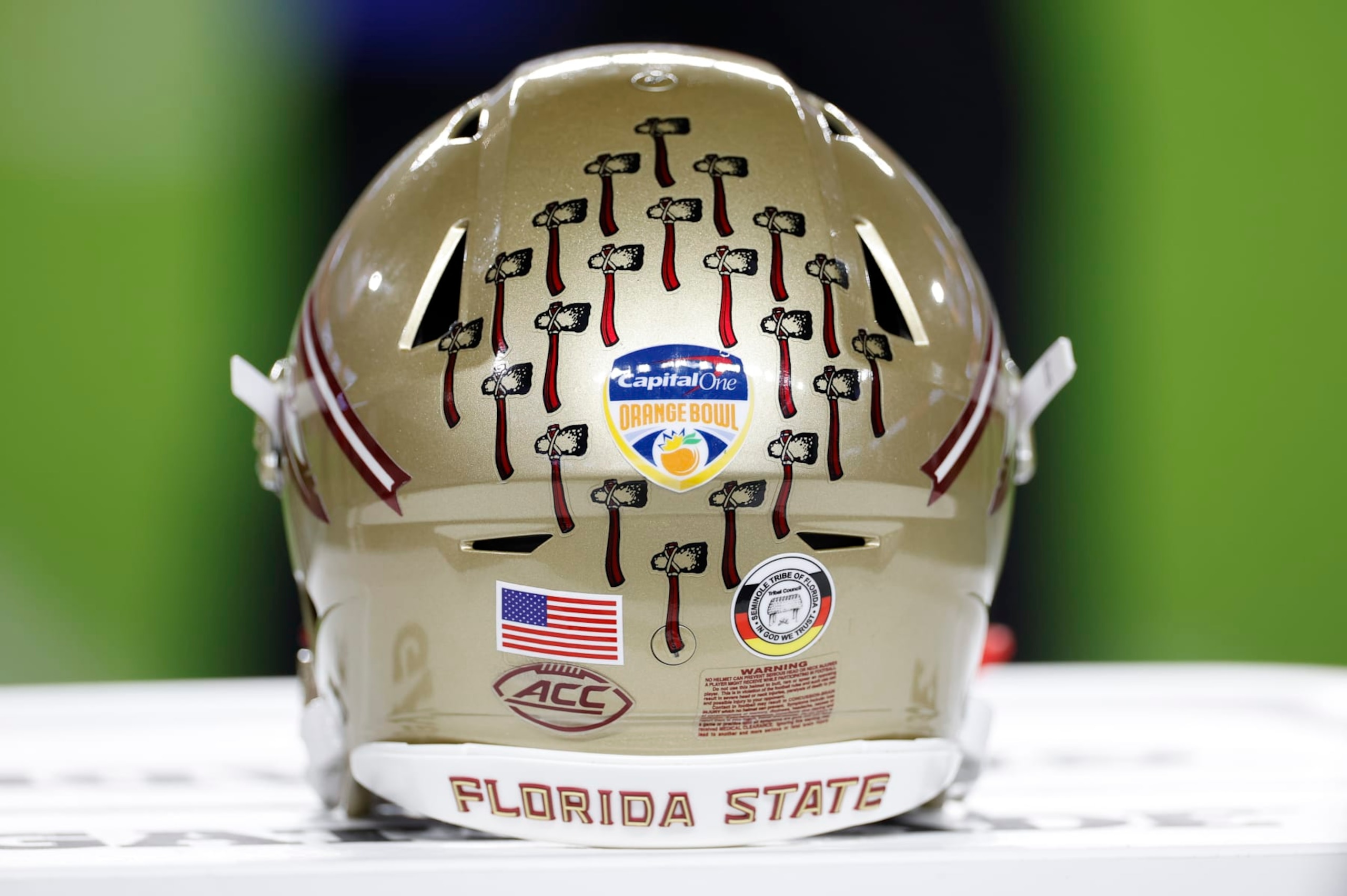 MIAMI GARDENS, FL - DECEMBER 30: A detailed view of a Florida State Seminoles helmet with the Capital One Orange Bowl logo during the game between the Georgia Bulldogs and the Florida State Seminoles on December 30, 2023 at Hard Rock Stadium in Miami Gardens, Fl.  (Photo by David Rosenblum/Icon Sportswire via Getty Images)