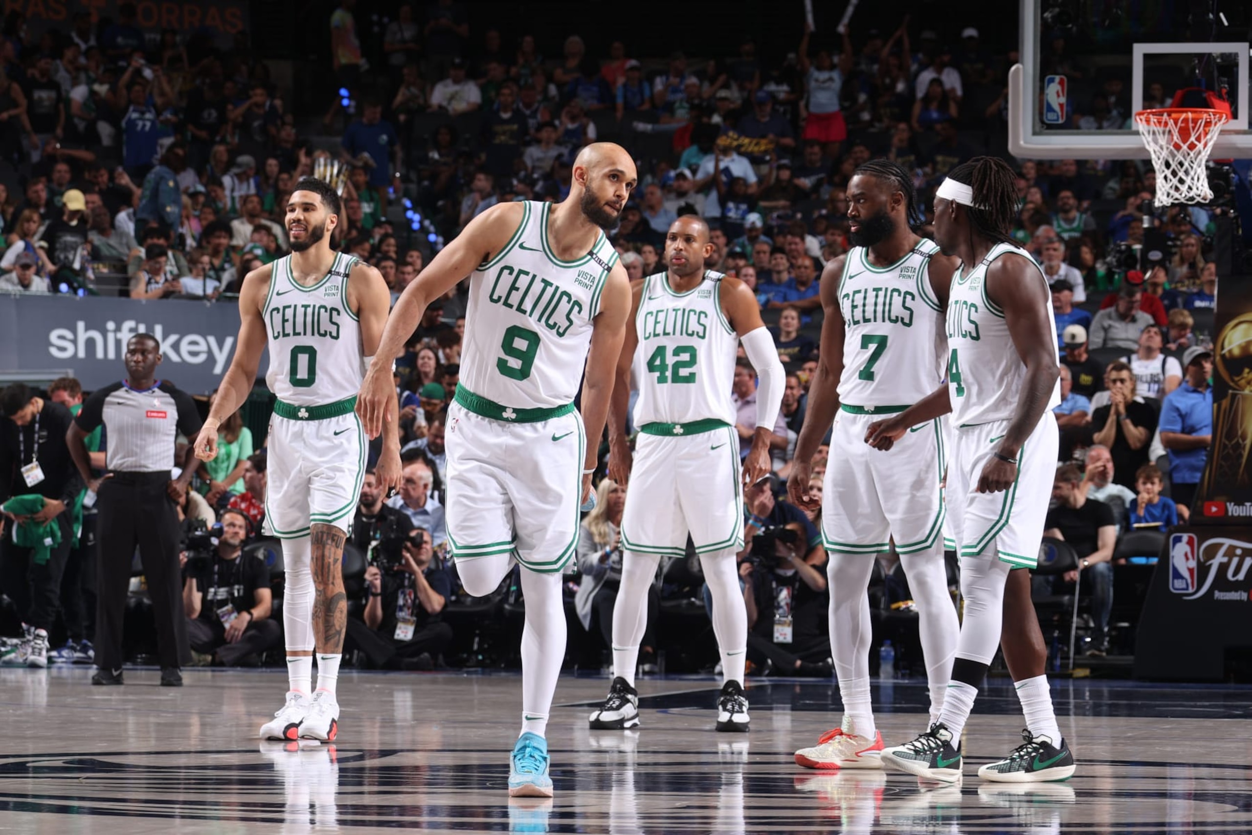 Jayson Tatum, Derrick White, Al Horford, Jaylen Brown and Jrue Holiday
