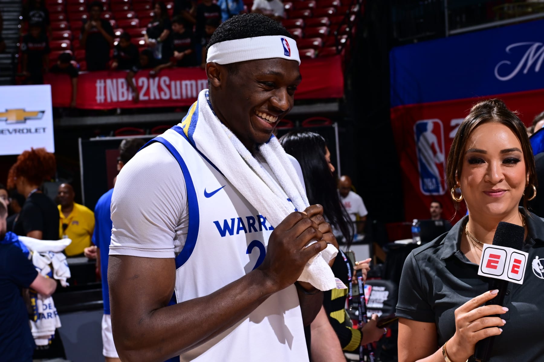 LAS VEGAS, NV - JULY 13: Daeqwon Plowden #29 of the Golden State Warriors talks to the media after the game against the Phoenix Suns on July 13, 2024 at the Thomas & Mack Center in Las Vegas, Nevada. NOTE TO USER: User expressly acknowledges and agrees that, by downloading and or using this photograph, User is consenting to the terms and conditions of the Getty Images License Agreement. Mandatory Copyright Notice: Copyright 2024 NBAE (Photo by Adam Hagy/NBAE via Getty Images)