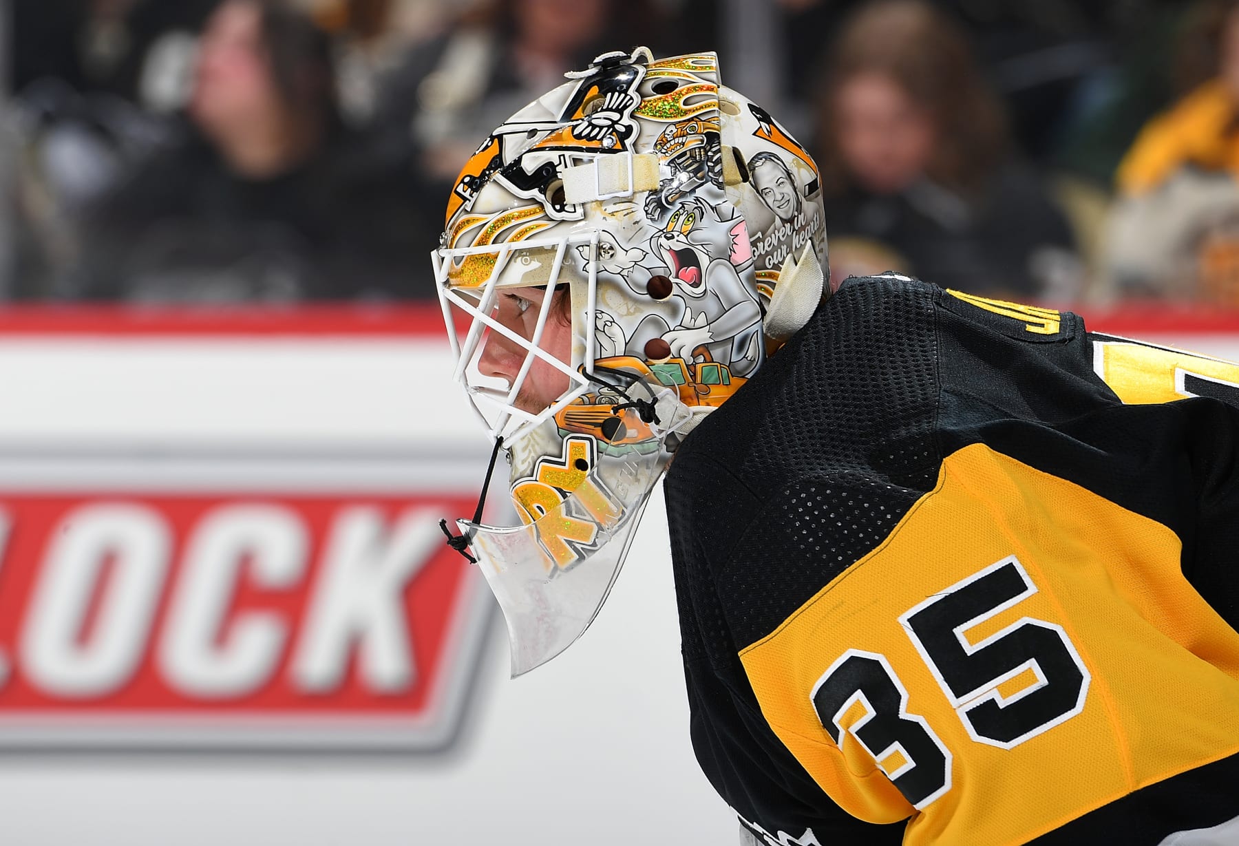 PITTSBURGH, PA - APRIL 13:  Tristan Jarry #35 of the Pittsburgh Penguins defends the net against the Boston Bruins at PPG PAINTS Arena on April 13, 2024 in Pittsburgh, Pennsylvania. (Photo by Joe Sargent/NHLI via Getty Images)