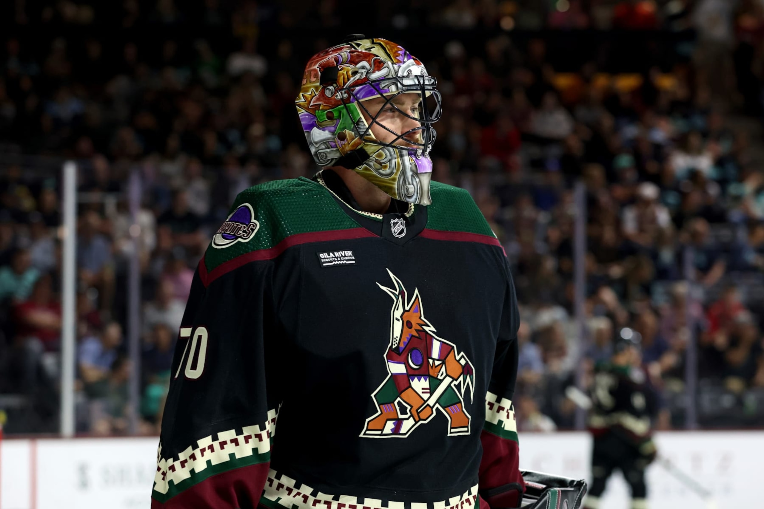 TEMPE, ARIZONA - MARCH 22: Karel Vejmelka #70 of the Arizona Coyotes on the ice against the Seattle Kraken at Mullett Arena on March 22, 2024 in Tempe, Arizona. (Photo by Zac BonDurant/Getty Images)