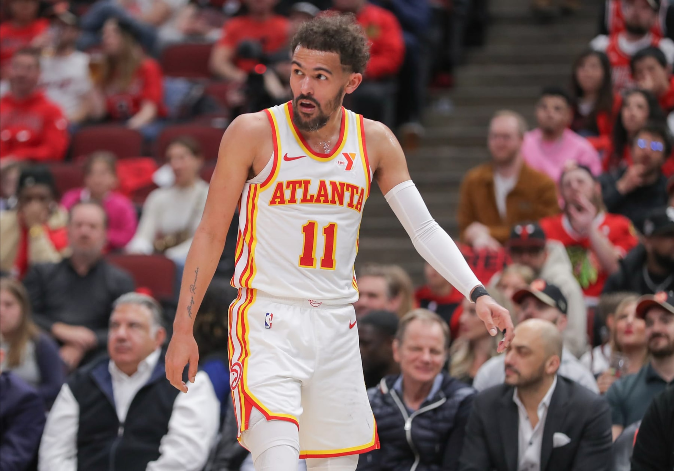 CHICAGO, IL - APRIL 17: Trae Young #11 of the Atlanta Hawks looks on after being fouled during first half of the 2024 Play-In Tournament against the Chicago Bulls at the United Center on April 17, 2024  in Chicago, Illinois. (Photo by Melissa Tamez/Icon Sportswire via Getty Images)