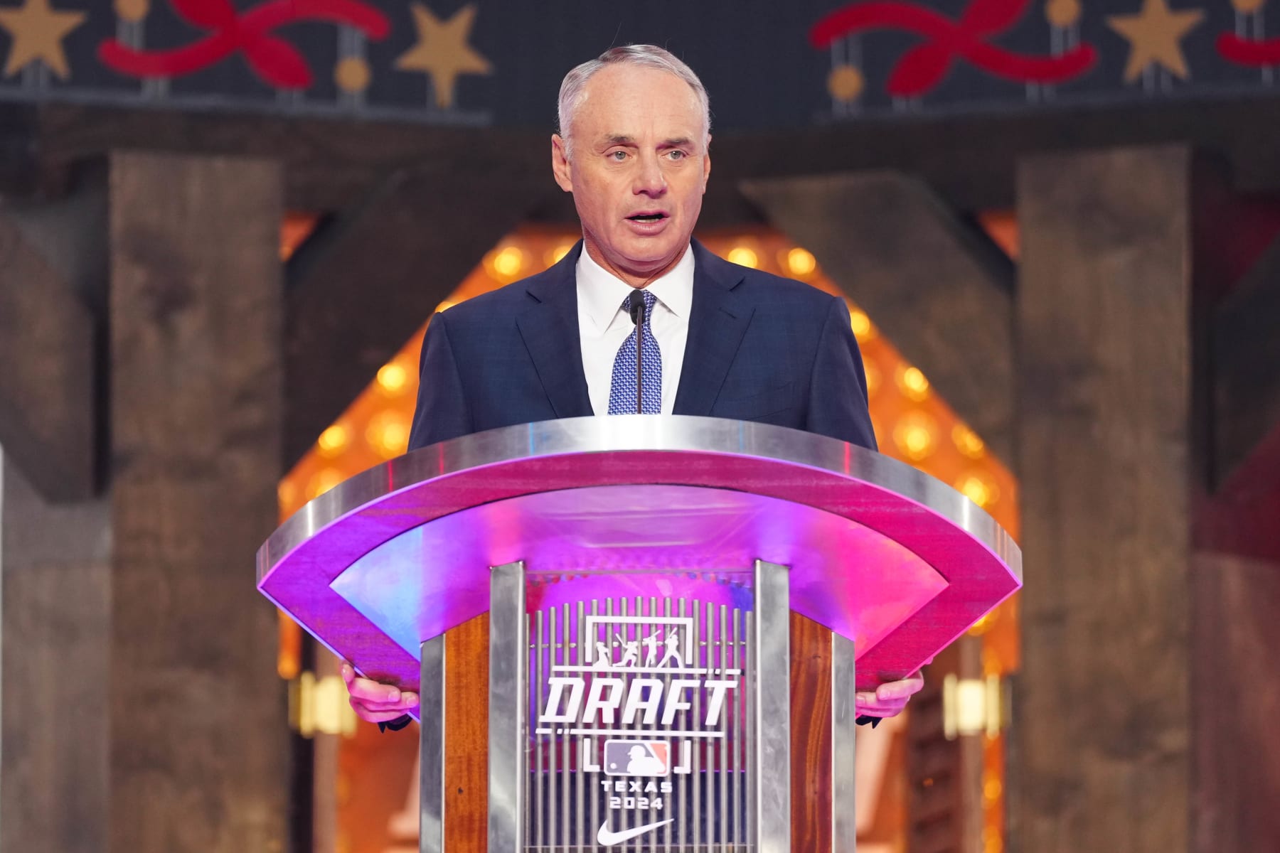 FORT WORTH, TX - JULY 14:  Commissioner of Major League Baseball Robert D. Manfred Jr. speaks during the 2024 MLB Draft presented by Nike at Cowtown Coliseum on Sunday, July 14, 2024 in Fort Worth, Texas. (Photo by Daniel Shirey/MLB Photos via Getty Images)