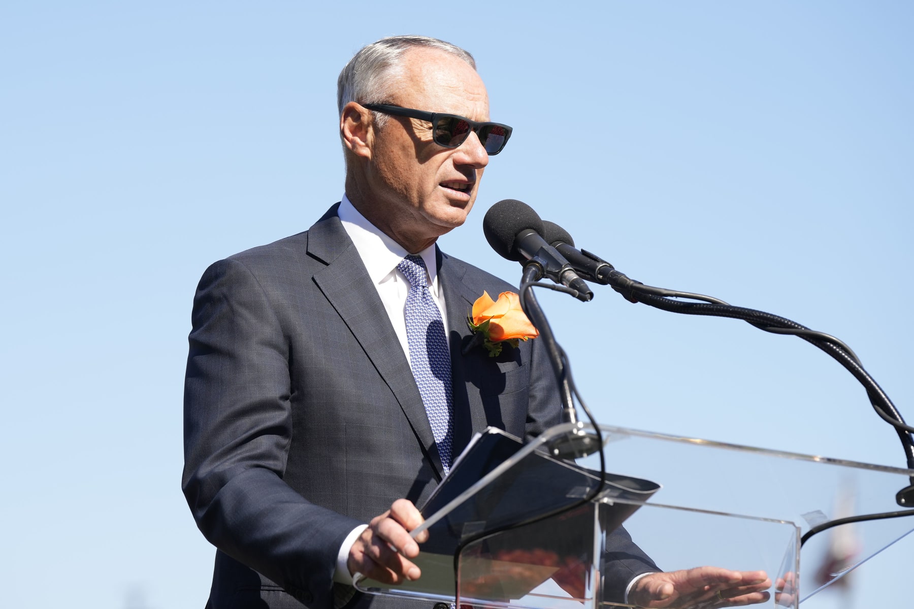 SAN FRANCISCO, CALIFORNIA - JULY 8:  Rob Manfred speaks during the Willie Mays Celebration of Life Ceremony at Oracle Park on July 8, 2024 in San Francisco, California. (Photo by Tony Avelar/San Francisco Giants/Getty Images)
