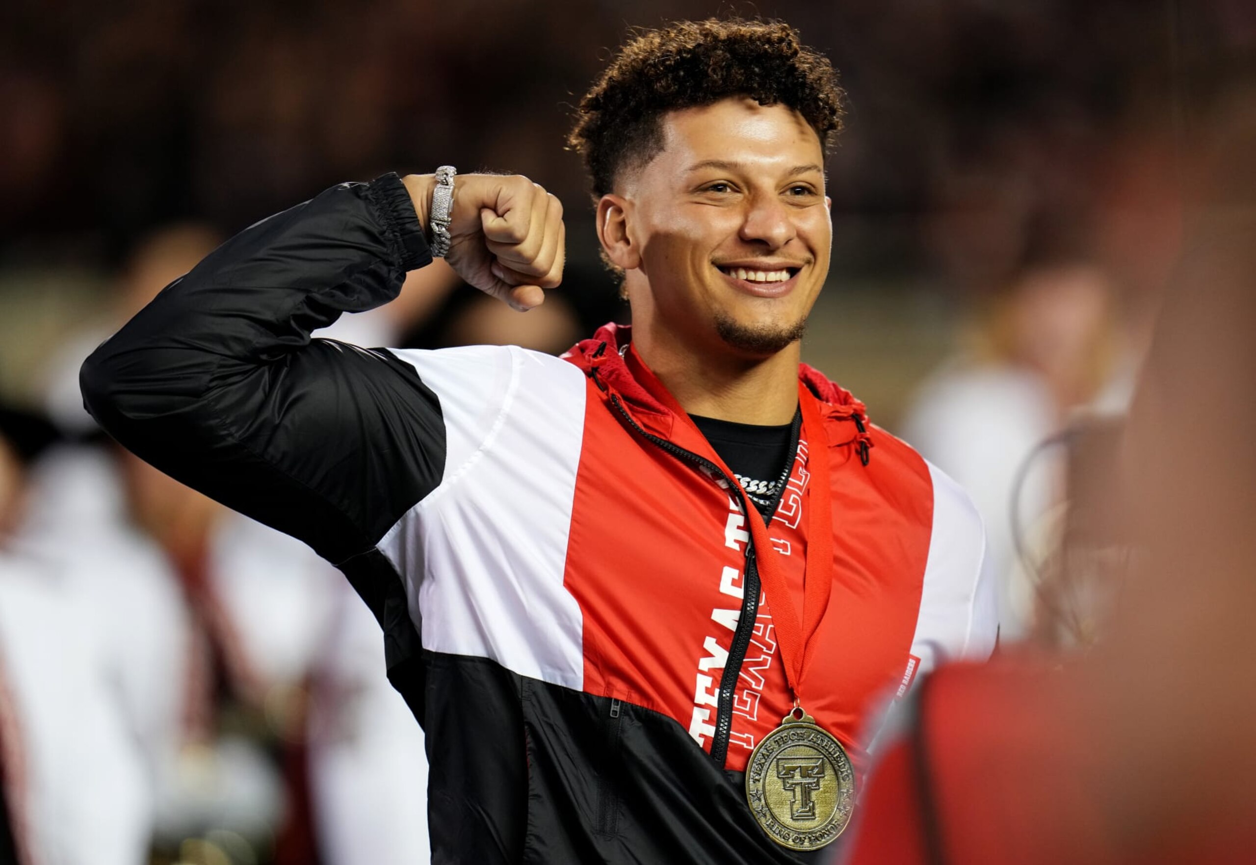 LUBBOCK, TEXAS - OCTOBER 29: Patrick Mahomes II is inducted into the Texas Tech Red Raiders Ring of Honor at halftime of a game against the Baylor Bears at Jones AT&T Stadium on October 29, 2022 in Lubbock, Texas. (Photo by Josh Hedges/Getty Images)