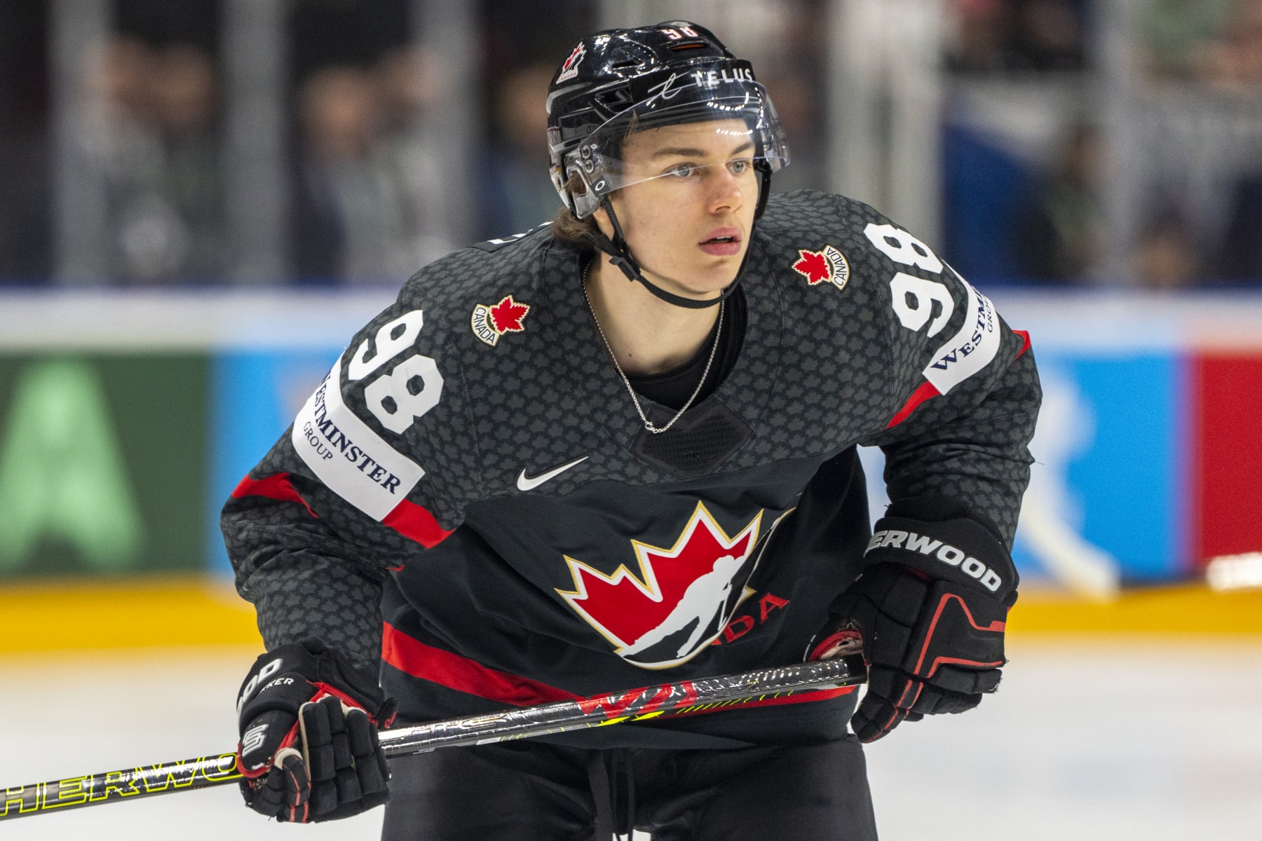 PRAGUE, CZECH REPUBLIC - MAY 26: Connor Bedard of Canada in action during 2024 IIHF Ice Hockey World Championship Czechia Third Place Match between Sweden and Canada at Prague Arena on May 26, 2024 in Prague, Czech Republic. (Photo by Jari Pestelacci/Eurasia Sport Images/Getty Images)