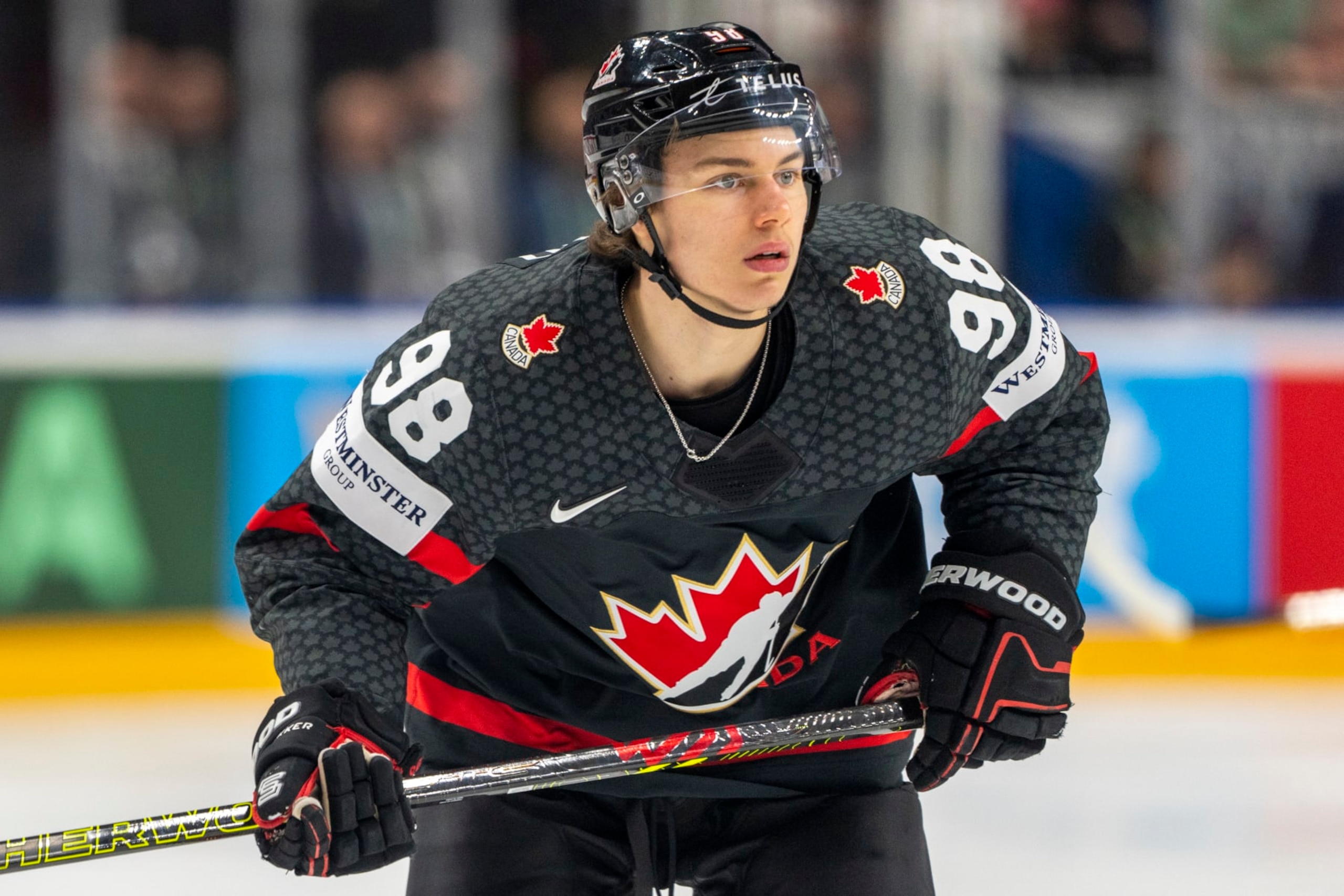 PRAGUE, CZECH REPUBLIC - MAY 26: Connor Bedard of Canada in action during 2024 IIHF Ice Hockey World Championship Czechia Third Place Match between Sweden and Canada at Prague Arena on May 26, 2024 in Prague, Czech Republic. (Photo by Jari Pestelacci/Eurasia Sport Images/Getty Images)