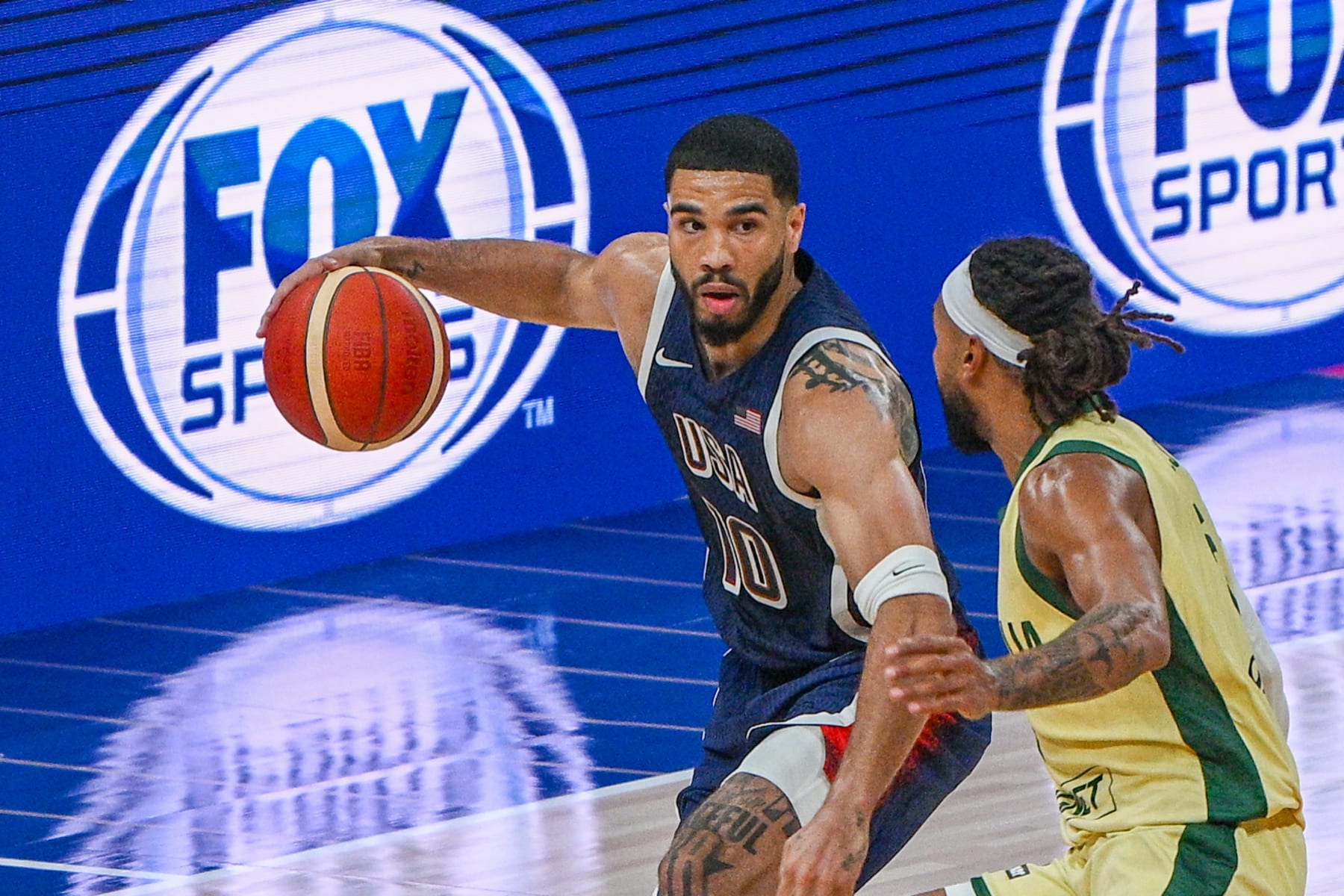 ABU DHABI, UAE - JULY 15: Jayson Tatum (10) of USA in action during the friendly match between United States and Australia ahead of Paris 2024 Olympics, at Etihad Arena in Abu Dhabi, United Arab Emirates on July 15, 2024. (Photo by Waleed Zein/Anadolu via Getty Images)