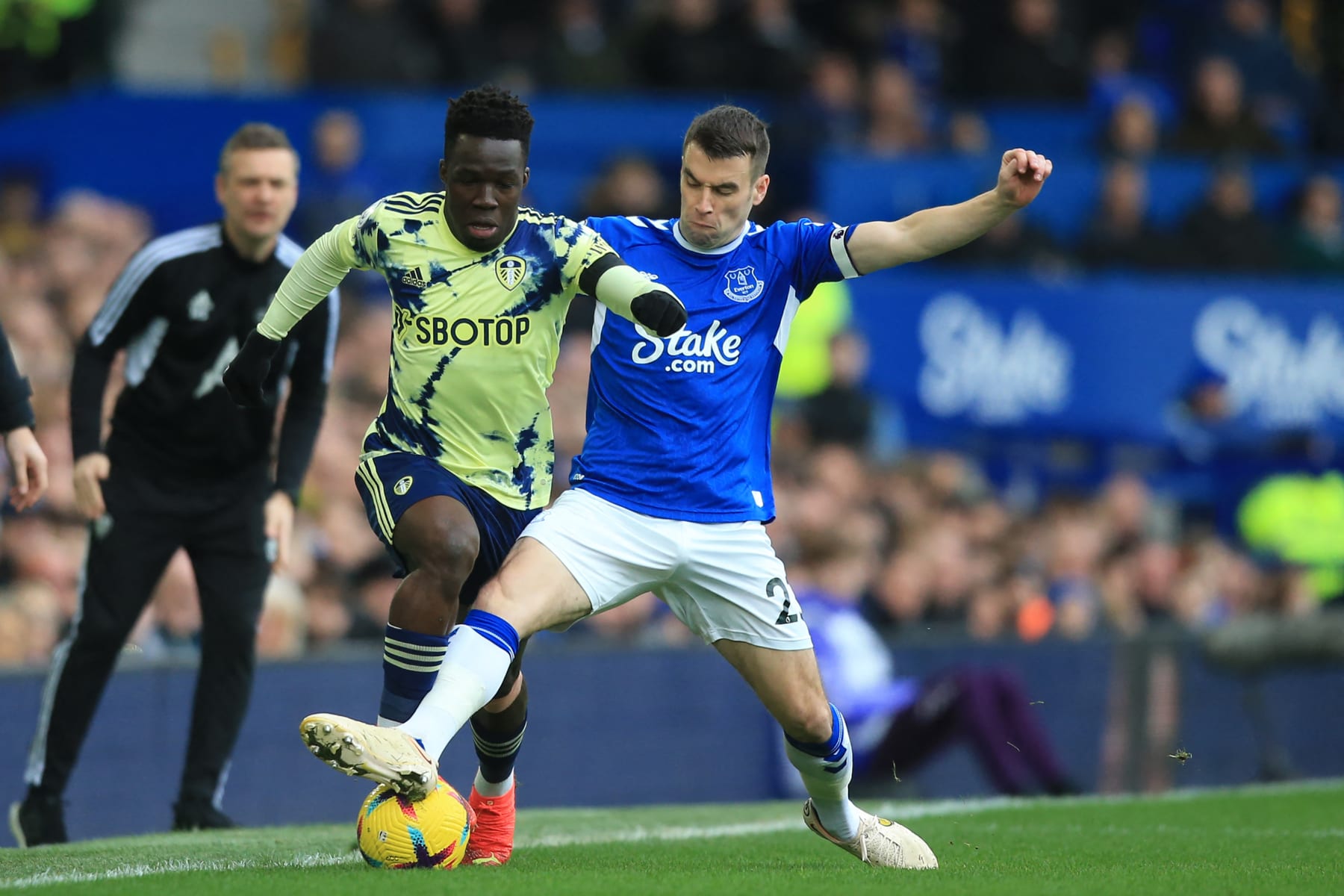 Leeds United's Italian striker Wilfried Gnonto (L) vies with Everton's Irish defender Seamus Coleman (R) during the English Premier League football match between Everton and Leeds United at Goodison Park in Liverpool, north west England on February 18, 2023. - RESTRICTED TO EDITORIAL USE. No use with unauthorized audio, video, data, fixture lists, club/league logos or 'live' services. Online in-match use limited to 120 images. An additional 40 images may be used in extra time. No video emulation. Social media in-match use limited to 120 images. An additional 40 images may be used in extra time. No use in betting publications, games or single club/league/player publications. (Photo by Lindsey Parnaby / AFP) / RESTRICTED TO EDITORIAL USE. No use with unauthorized audio, video, data, fixture lists, club/league logos or 'live' services. Online in-match use limited to 120 images. An additional 40 images may be used in extra time. No video emulation. Social media in-match use limited to 120 images. An additional 40 images may be used in extra time. No use in betting publications, games or single club/league/player publications. / RESTRICTED TO EDITORIAL USE. No use with unauthorized audio, video, data, fixture lists, club/league logos or 'live' services. Online in-match use limited to 120 images. An additional 40 images may be used in extra time. No video emulation. Social media in-match use limited to 120 images. An additional 40 images may be used in extra time. No use in betting publications, games or single club/league/player publications. (Photo by LINDSEY PARNABY/AFP via Getty Images)