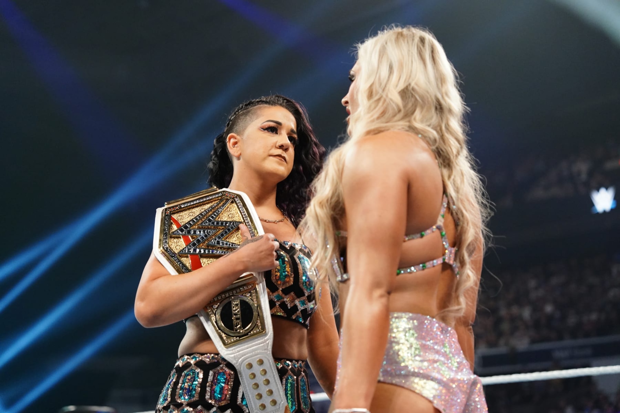 WORCESTER, MASSACHUSETTS - JULY 12: WWE Women's Champion Bayley confronts Tiffany Stratton during SmackDown at DCU Center on July 12, 2024 in Worcester, United States.  (Photo by WWE/Getty Images)