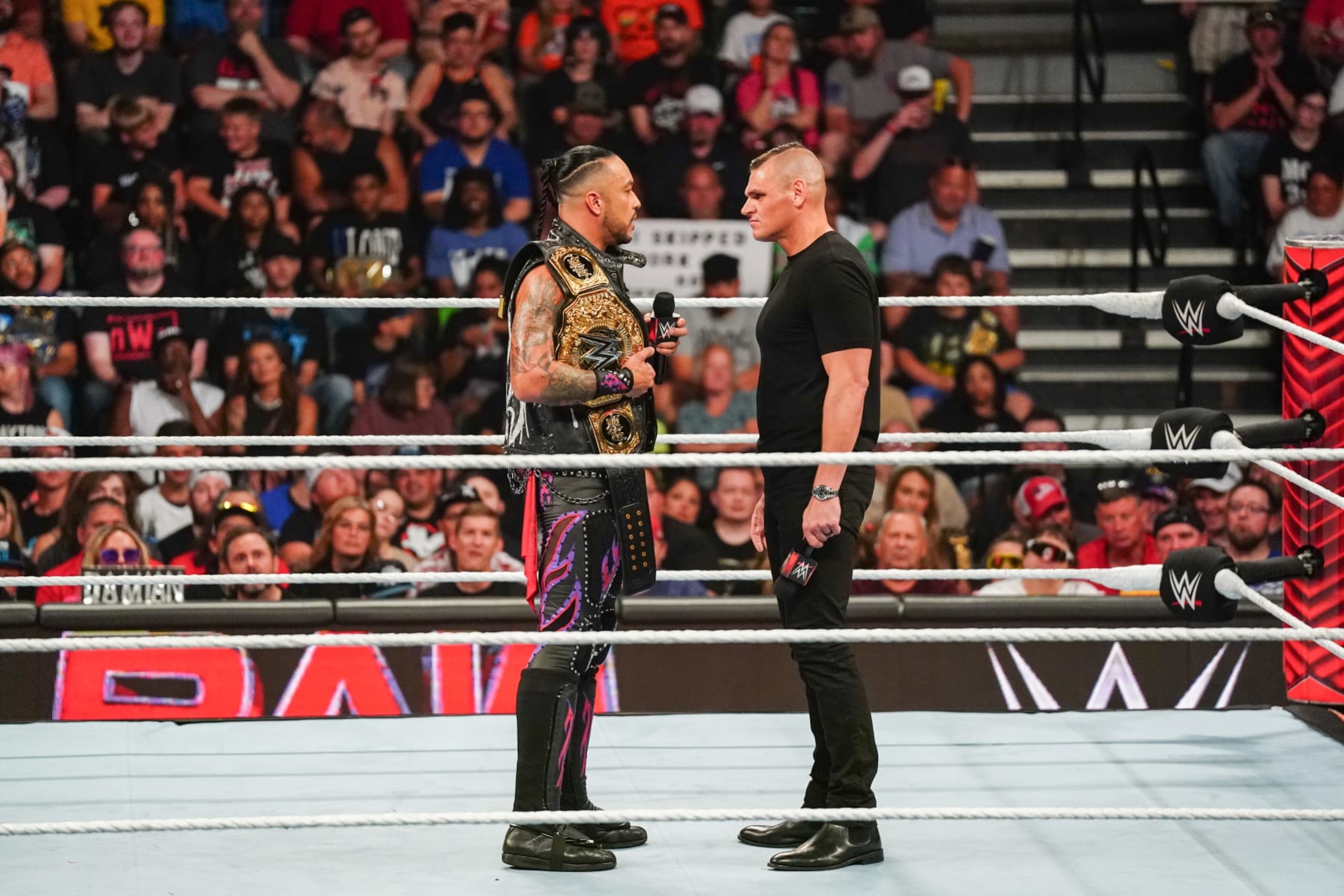 DAYTON, OHIO - JULY 15: Damian Priest and Gunther face off during Monday Night RAW at WSU Nutter Center on July 15, 2024 in Dayton, Ohio.  (Photo by WWE/Getty Images)