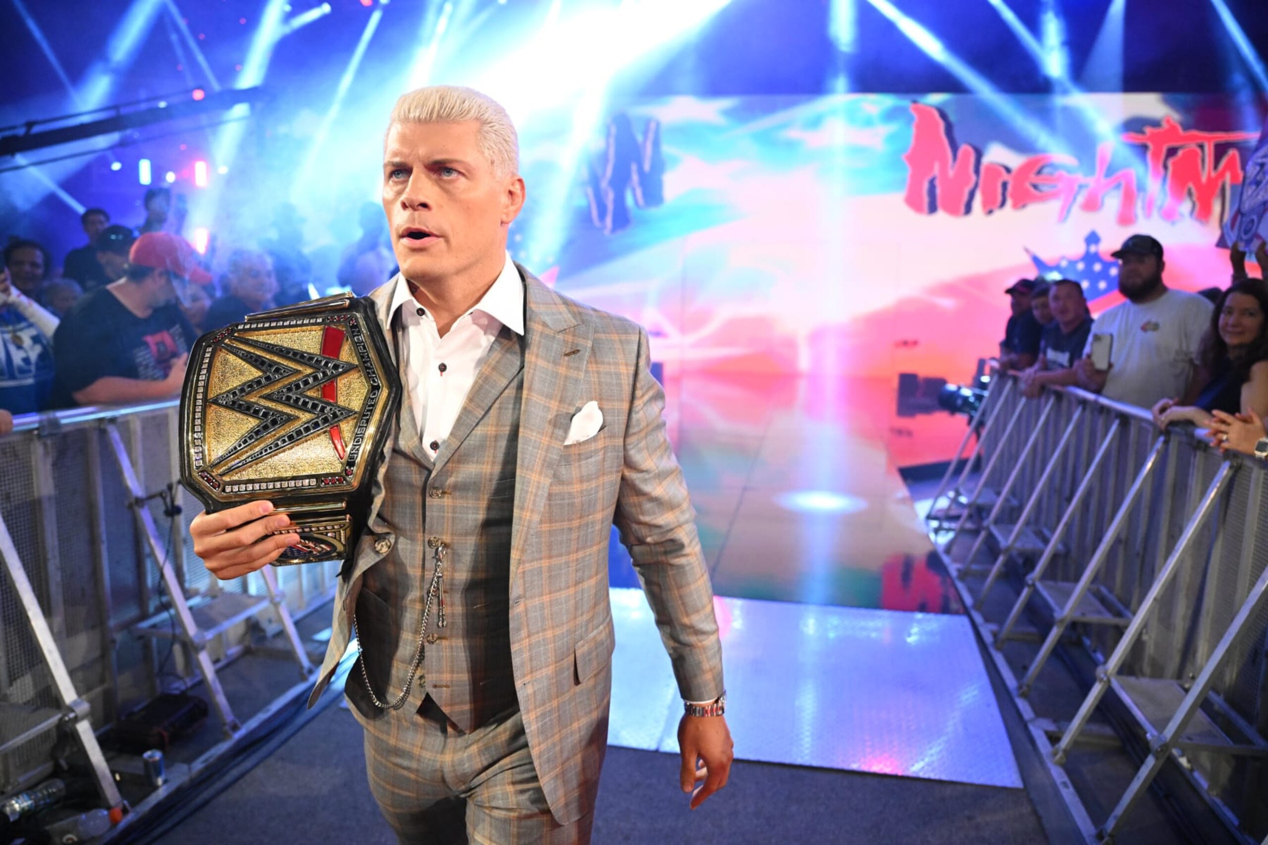 WORCESTER, MASSACHUSETTS - JULY 12: Undisputed WWE Champion Cody Rhodes makes his entrance during SmackDown at DCU Center on July 12, 2024 in Worcester, United States.  (Photo by WWE/Getty Images)
