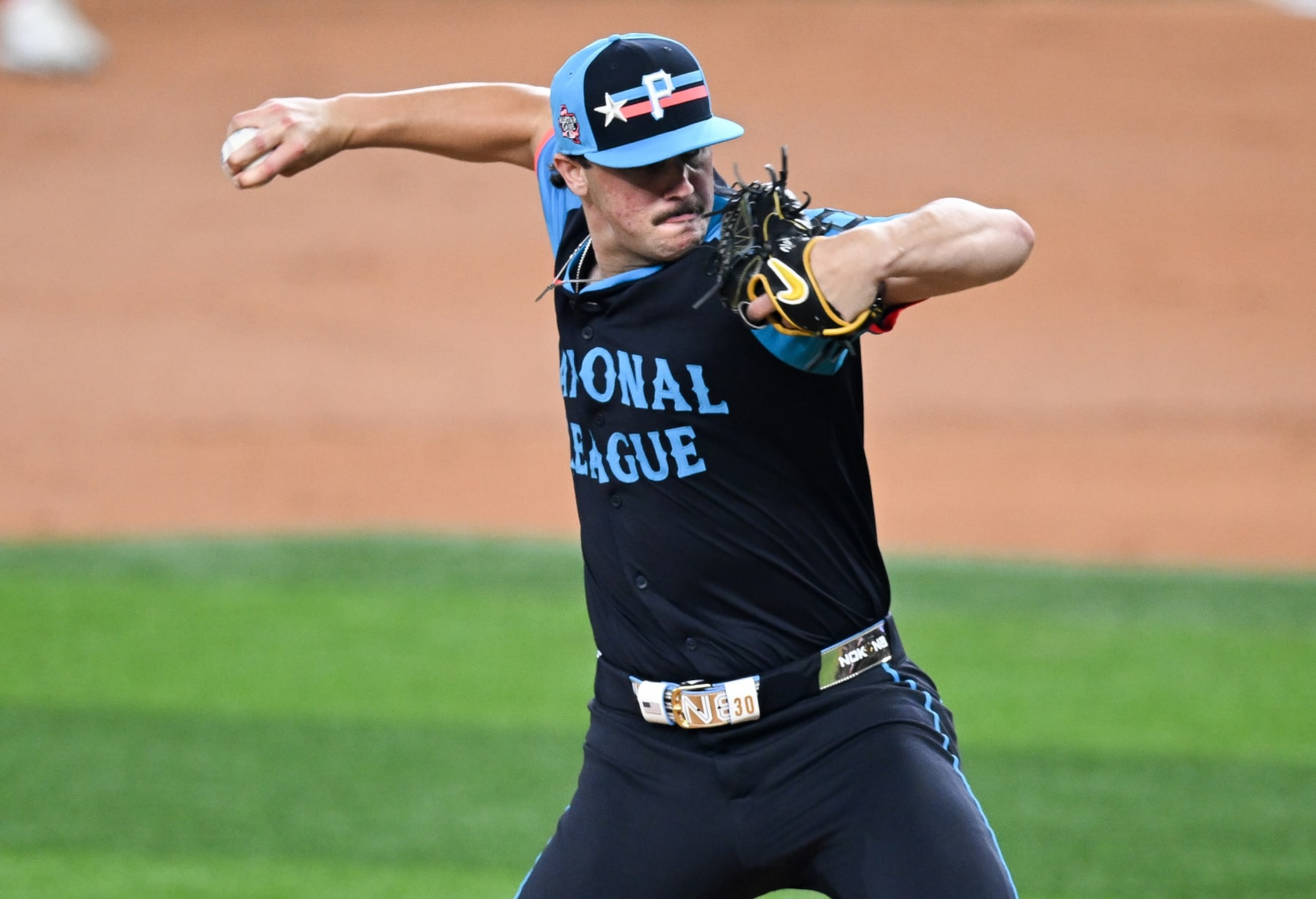 ARLINGTON, TEXAS - JULY 16: Paul Skenes #30 of Pittsburgh Pirates pitches in the bottom of the first inning during the 94th MLB All-Star Game presented by Mastercard at Globe Life Field on July 16, 2024 in Arlington, Texas. (Photo by Gene Wang/Getty Images)