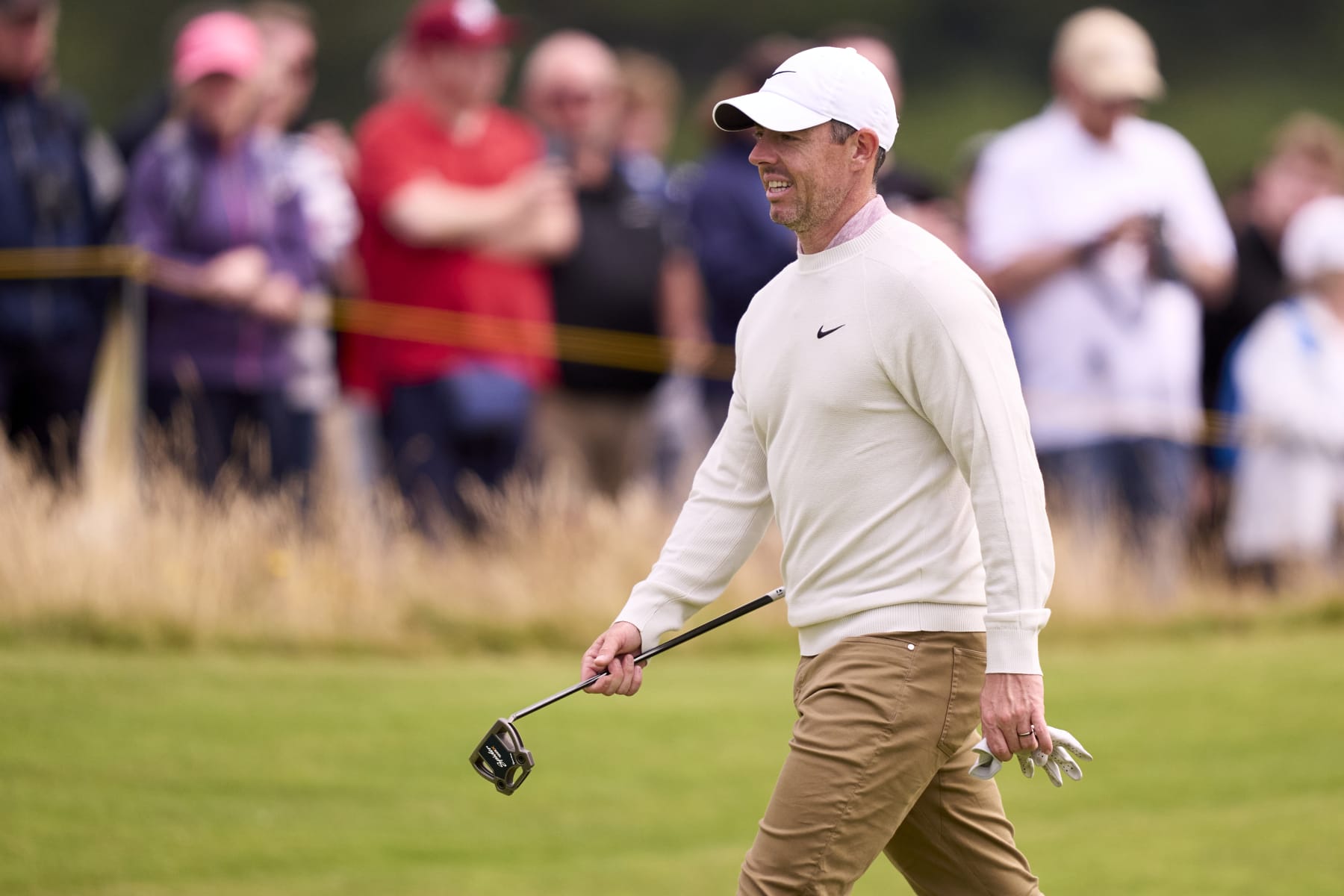 TROON, SCOTLAND - JULY 17: Rory McIlroy of Northern Ireland during a practice round prior to The 152nd Open championship at Royal Troon on July 17, 2024 in Troon, Scotland. (Photo by Pedro Salado/Getty Images)