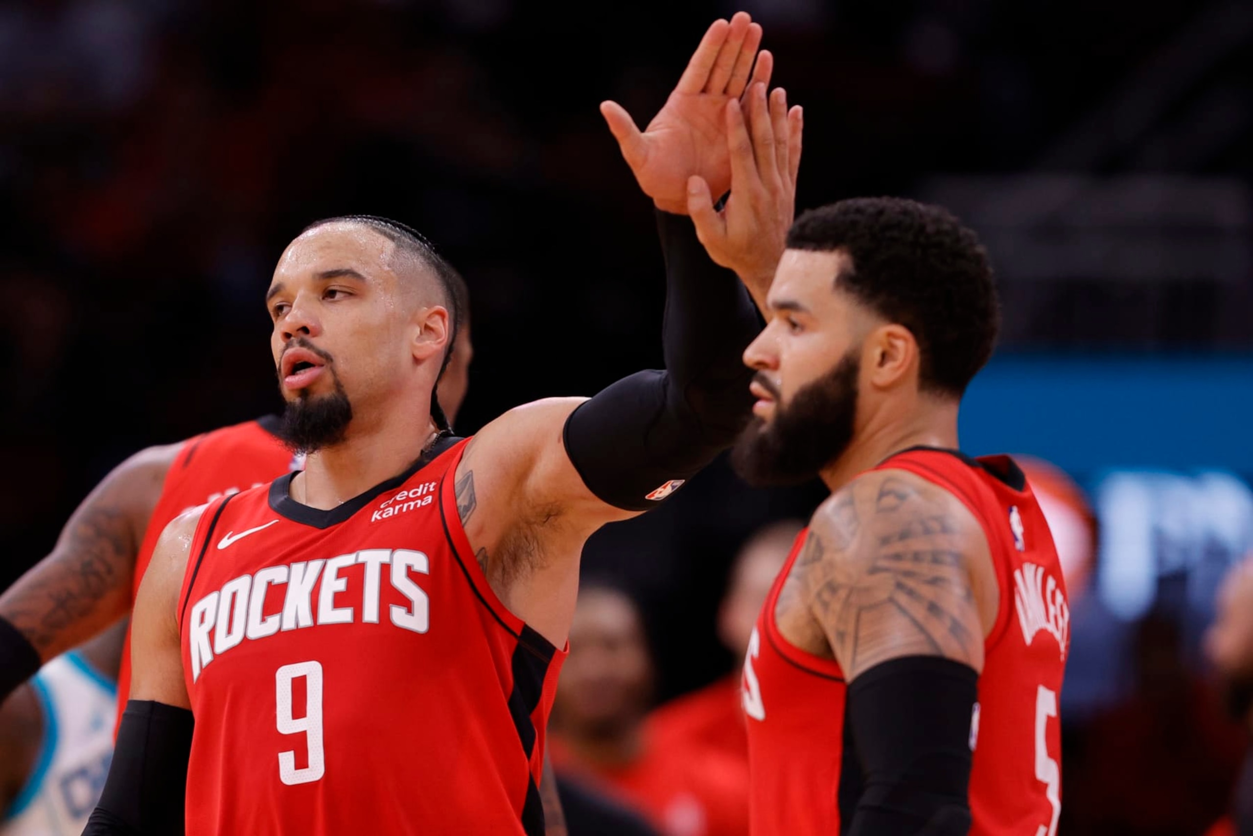 HOUSTON, TEXAS - NOVEMBER 01: Dillon Brooks #9 of the Houston Rockets high fives Fred VanVleet#5 of the Houston Rockets during the second half against the Charlotte Hornets at Toyota Center on November 01, 2023 in Houston, Texas. (Photo by Carmen Mandato/Getty Images) HOUSTON, TEXAS - NOVEMBER 01: Dillon Brooks #9 of the Houston Rockets high fives Fred VanVleet#5 of the Houston Rockets during the second half against the Charlotte Hornets at Toyota Center on November 01, 2023 in Houston, Texas. (Photo by Carmen Mandato/Getty Images)