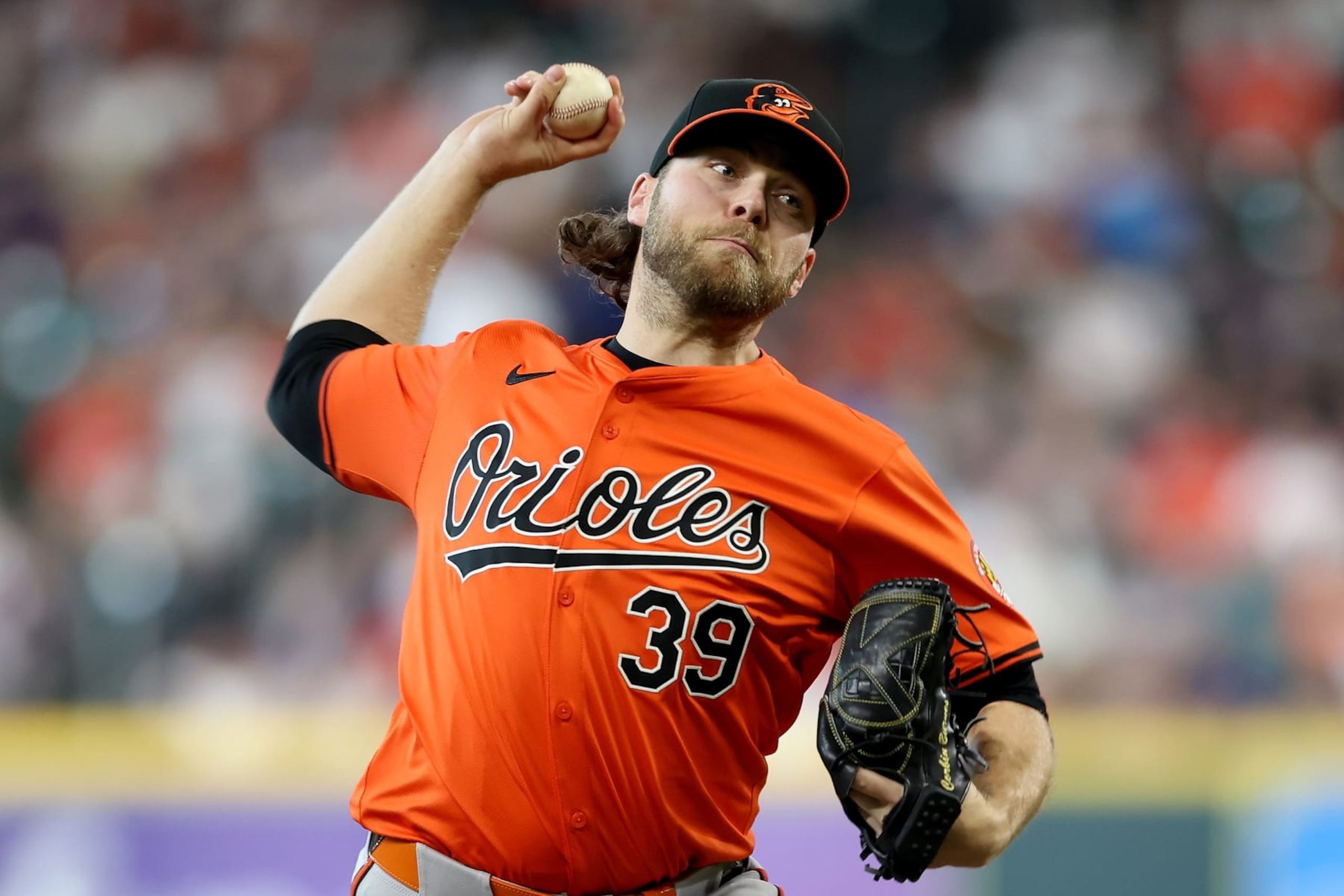 HOUSTON, TEXAS - JUNE 22: Corbin Burnes #39 of the Baltimore Orioles pitches in the first inning against the Houston Astros at Minute Maid Park on June 22, 2024 in Houston, Texas. (Photo by Tim Warner/Getty Images)