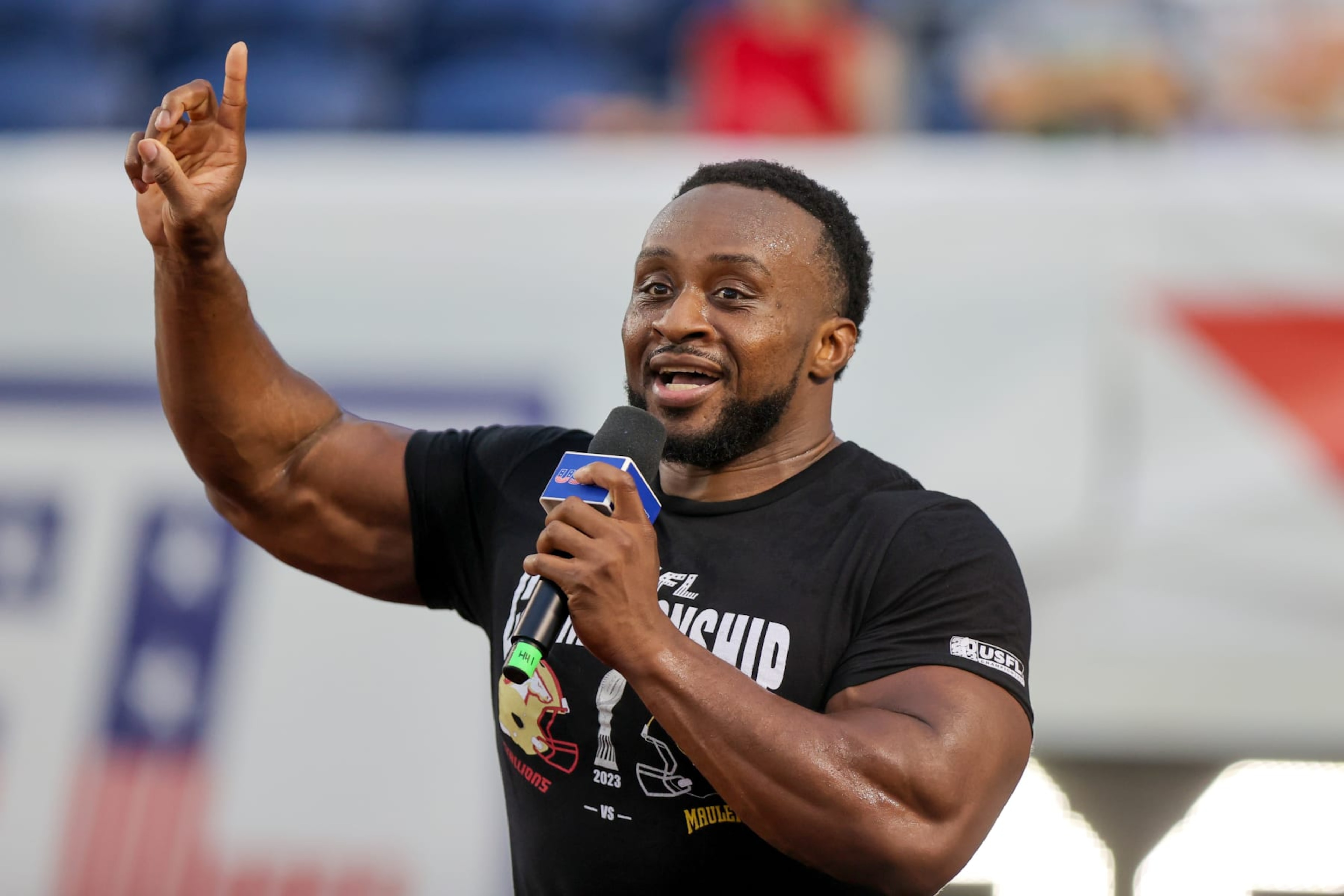 CANTON, OH - JULY 01: Ettore Ewan, also known as WWE Superstar and former champion Big E, acts as in-game host during the first quarter of the 2023 USFL Championship game between the Pittsburgh Maulers and Birmingham Stallions on July 1, 2023, at the Tom Benson Hall of Fame Stadium in Canton, OH. (Photo by Frank Jansky/Icon Sportswire via Getty Images) CANTON, OH - JULY 01: Ettore Ewan, also known as WWE Superstar and former champion Big E, acts as in-game host during the first quarter of the 2023 USFL Championship game between the Pittsburgh Maulers and Birmingham Stallions on July 1, 2023, at the Tom Benson Hall of Fame Stadium in Canton, OH. (Photo by Frank Jansky/Icon Sportswire via Getty Images)