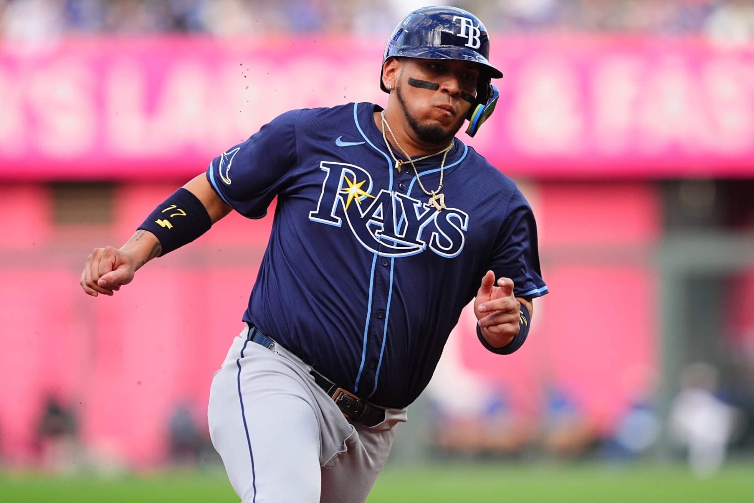 KANSAS CITY, MISSOURI - JULY 4: Isaac Paredes #17 of the Tampa Bay Rays rounds third base and scores against the Kansas City Royals during the first inning at Kauffman Stadium on July 4, 2024 in Kansas City, Missouri. (Photo by Kyle Rivas/Getty Images)