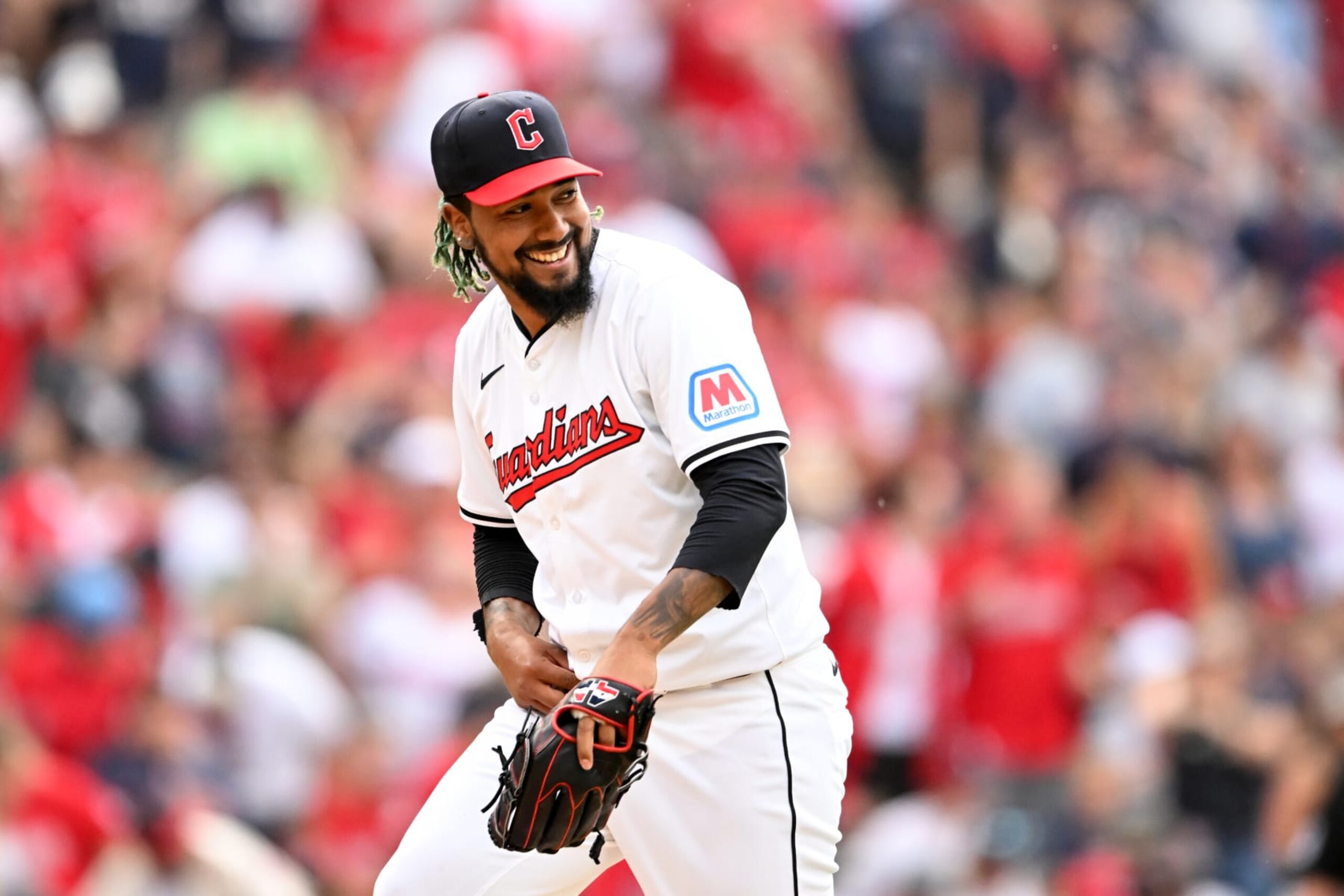 CLEVELAND, OHIO - JUNE 01: Emmanuel Clase #48 of the Cleveland Guardians looks on during the ninth inning against the Washington Nationals at Progressive Field on June 01, 2024 in Cleveland, Ohio. (Photo by Nick Cammett/Diamond Images via Getty Images)